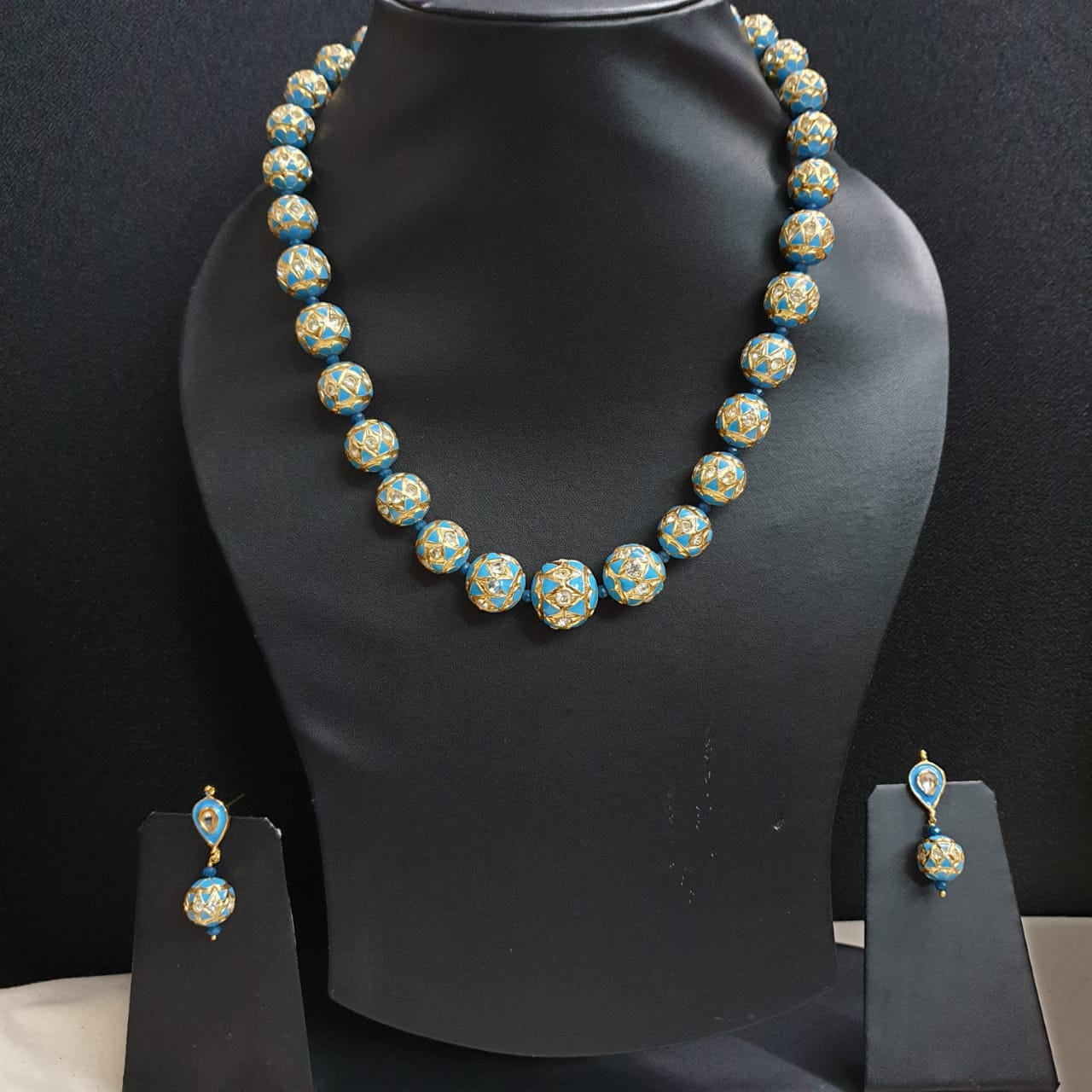 Turquoise Meenakari Beaded Necklace With Earrings