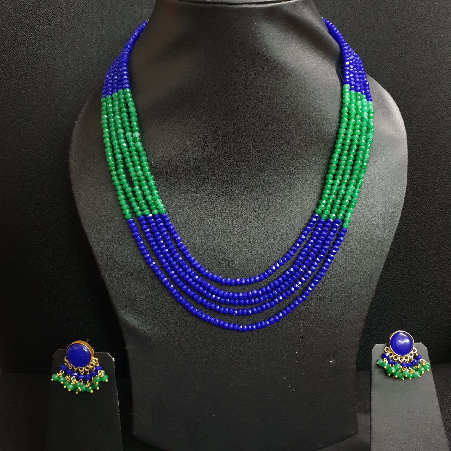 Blue Green Beaded Necklace With Earrings