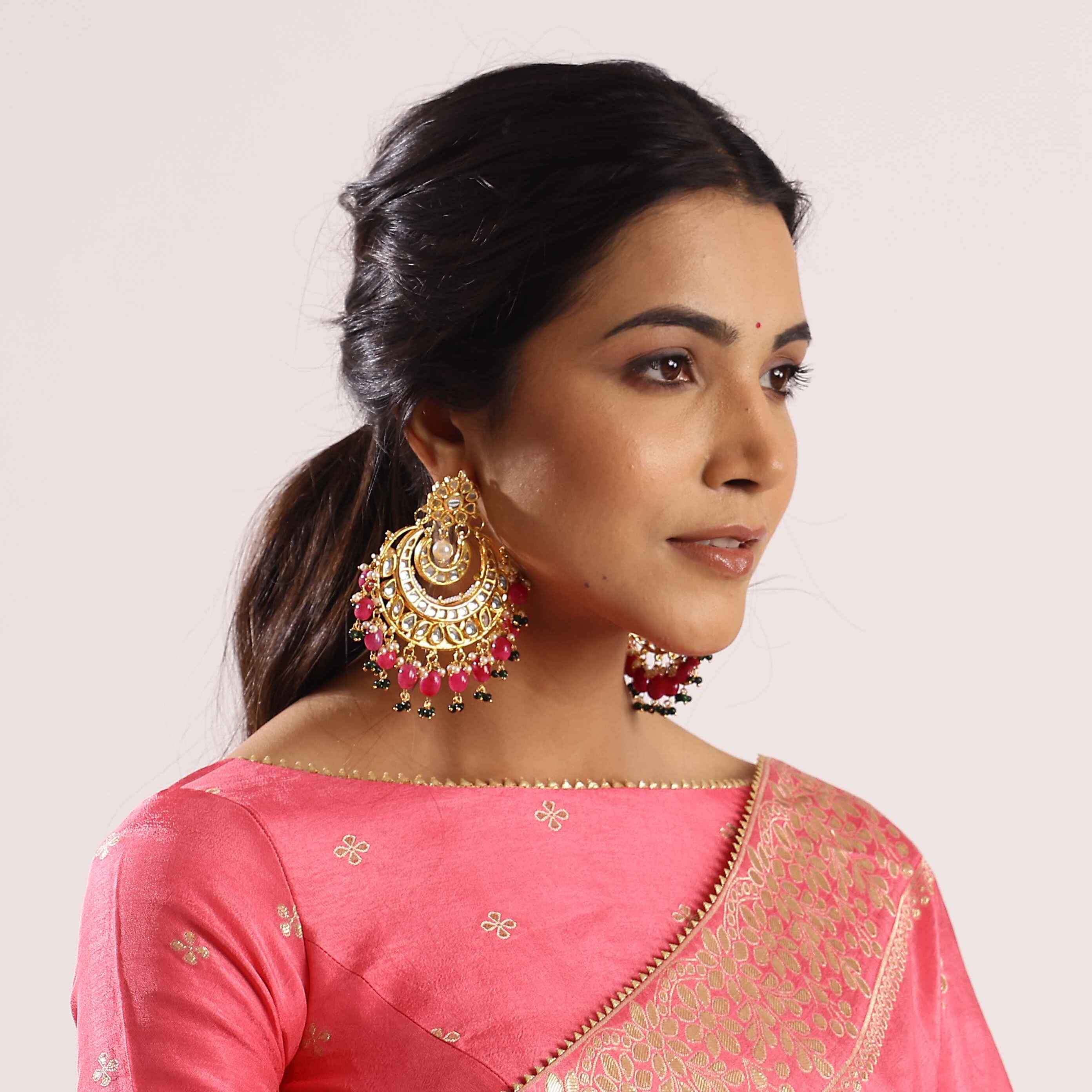 Gold Plated Kundan Chandbali Earrings With Hot Pink Beading