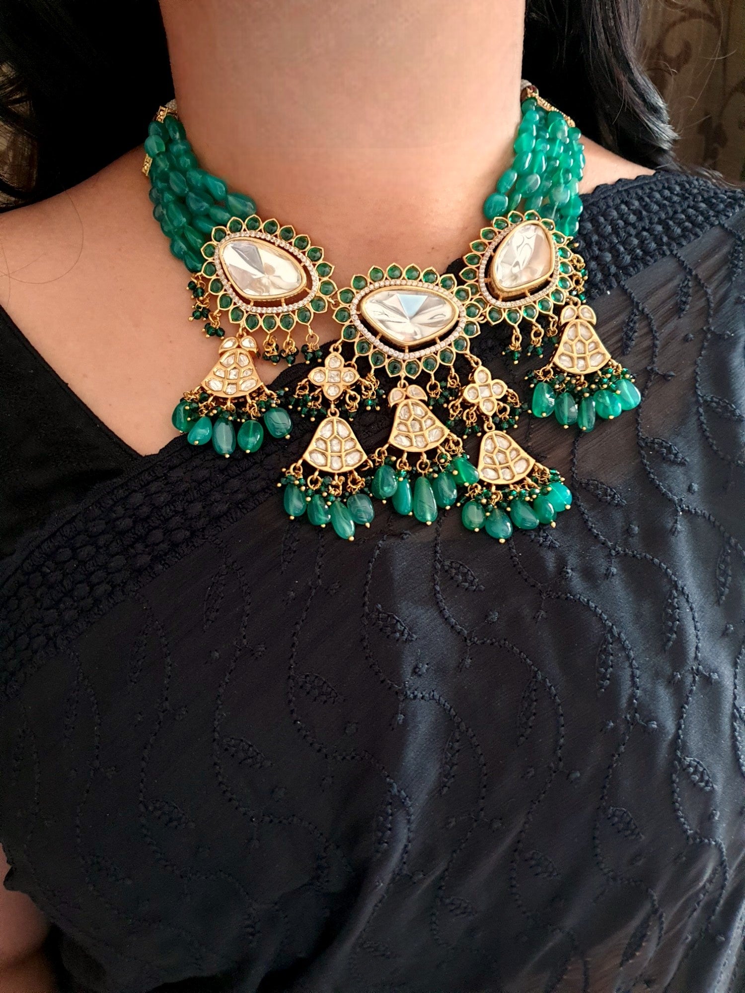 Kundan Polki Green Stone Beaded Necklace With Earrings