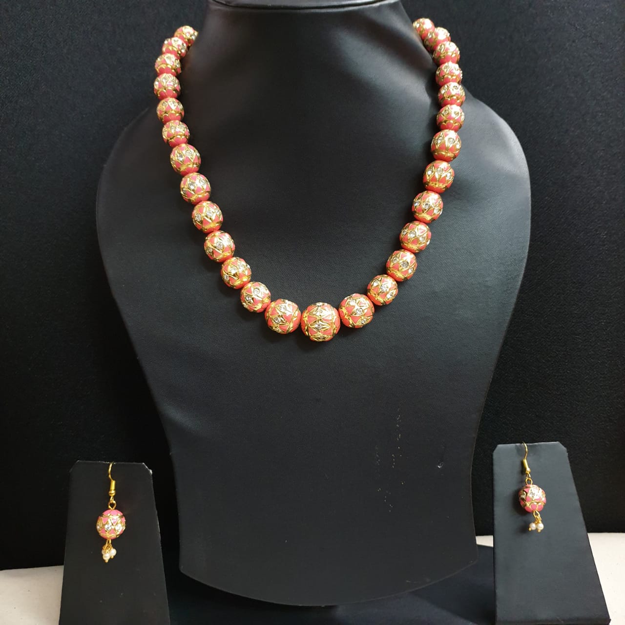 Peach Meenakari Beaded Necklace With Earrings