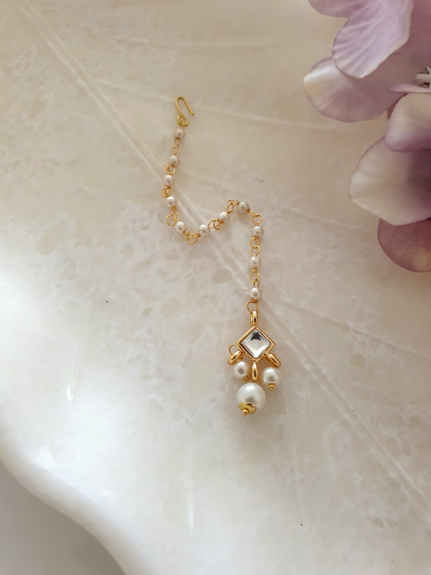 White Square Stone Meenakari Pearl Beaded Maang Tikka