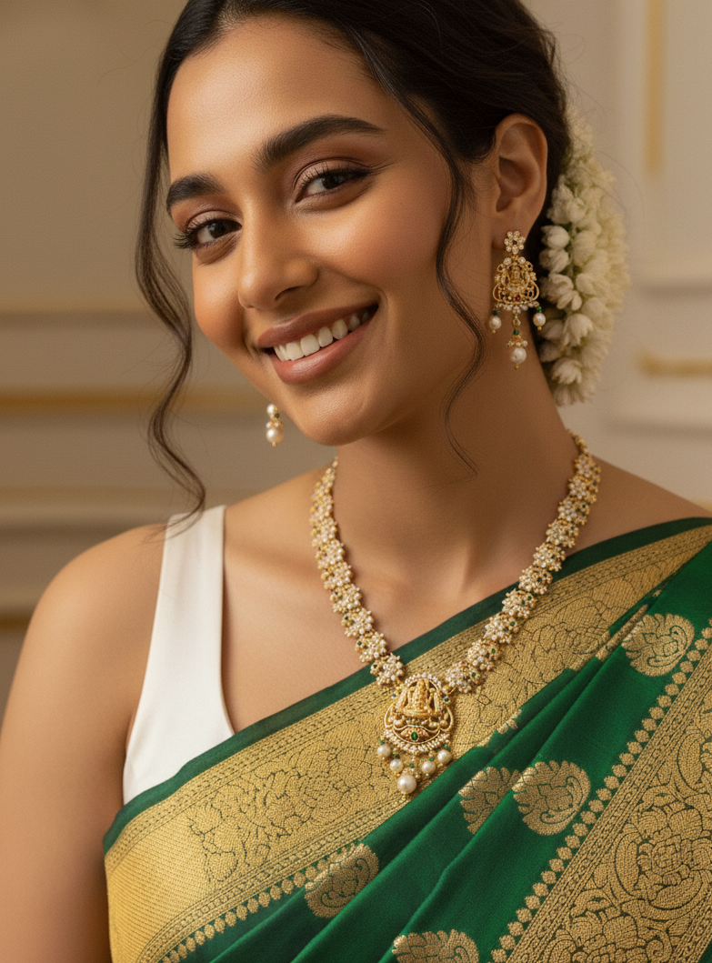 Gold Tone South Indian Temple Jewelry Necklace Set