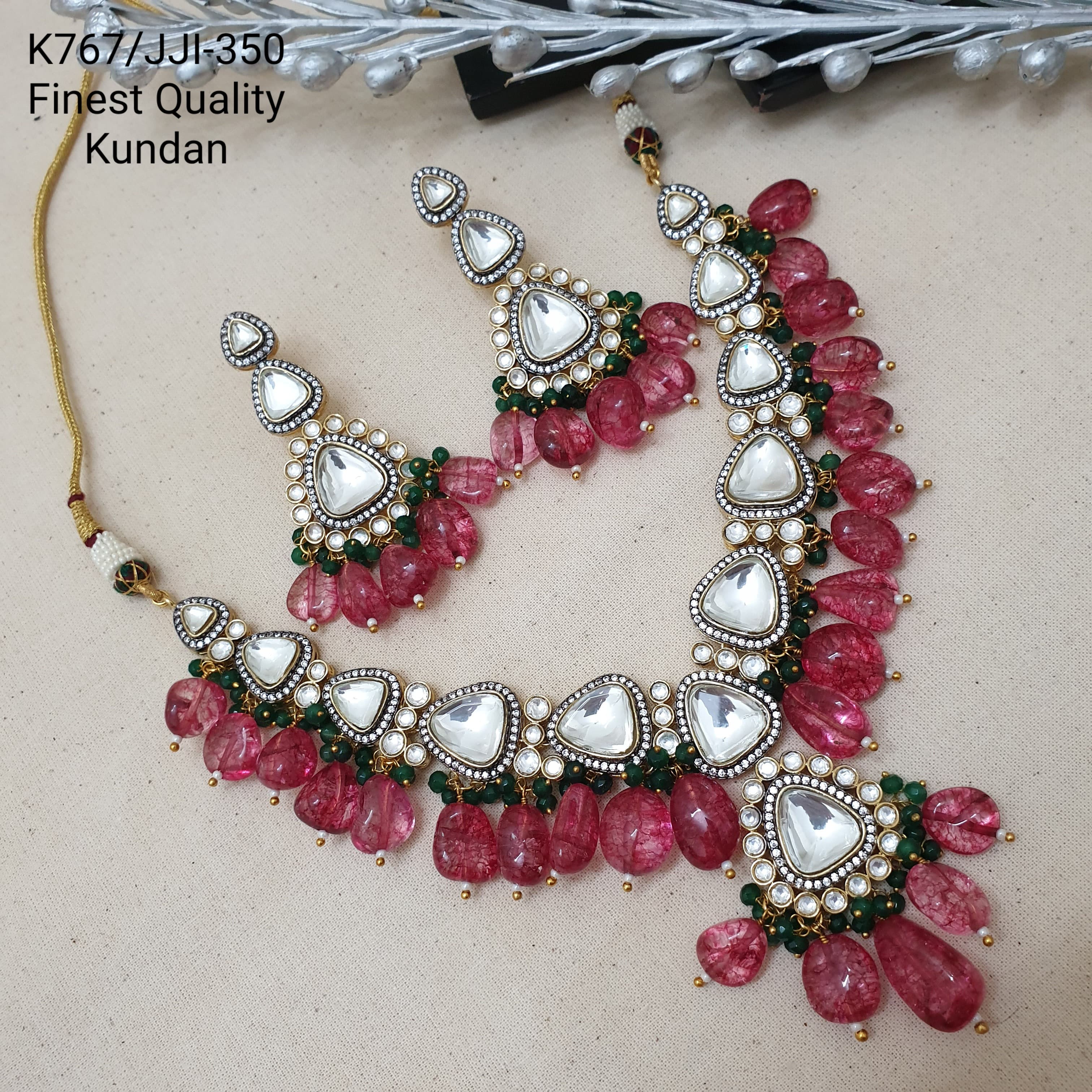 Kundan Polki Tourmaline Beaded Necklace With Earrings