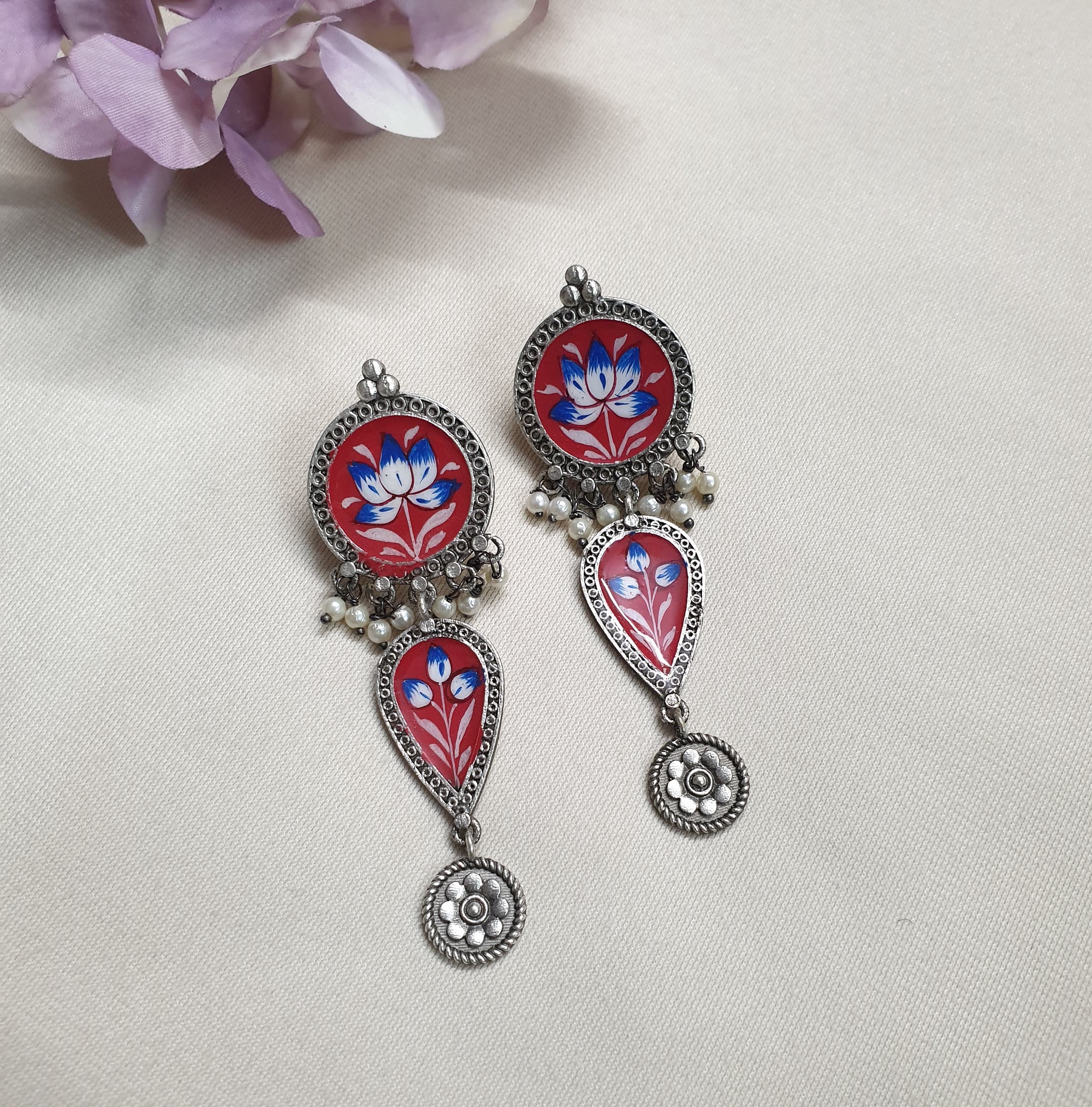 Red Handpainted Oxidised Silver Earrings