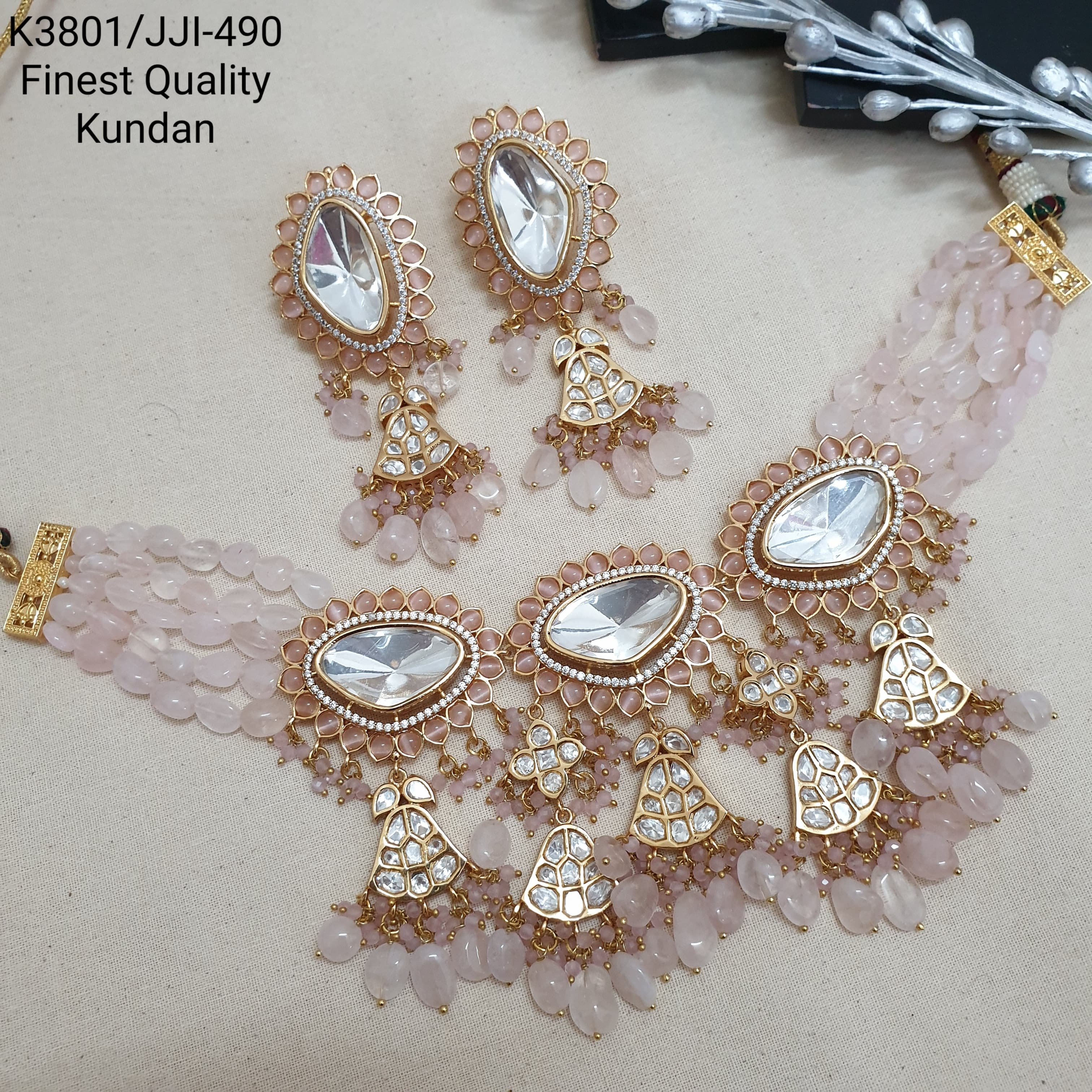 Kundan Polki Baby Pink Stone Beaded Necklace With Earrings