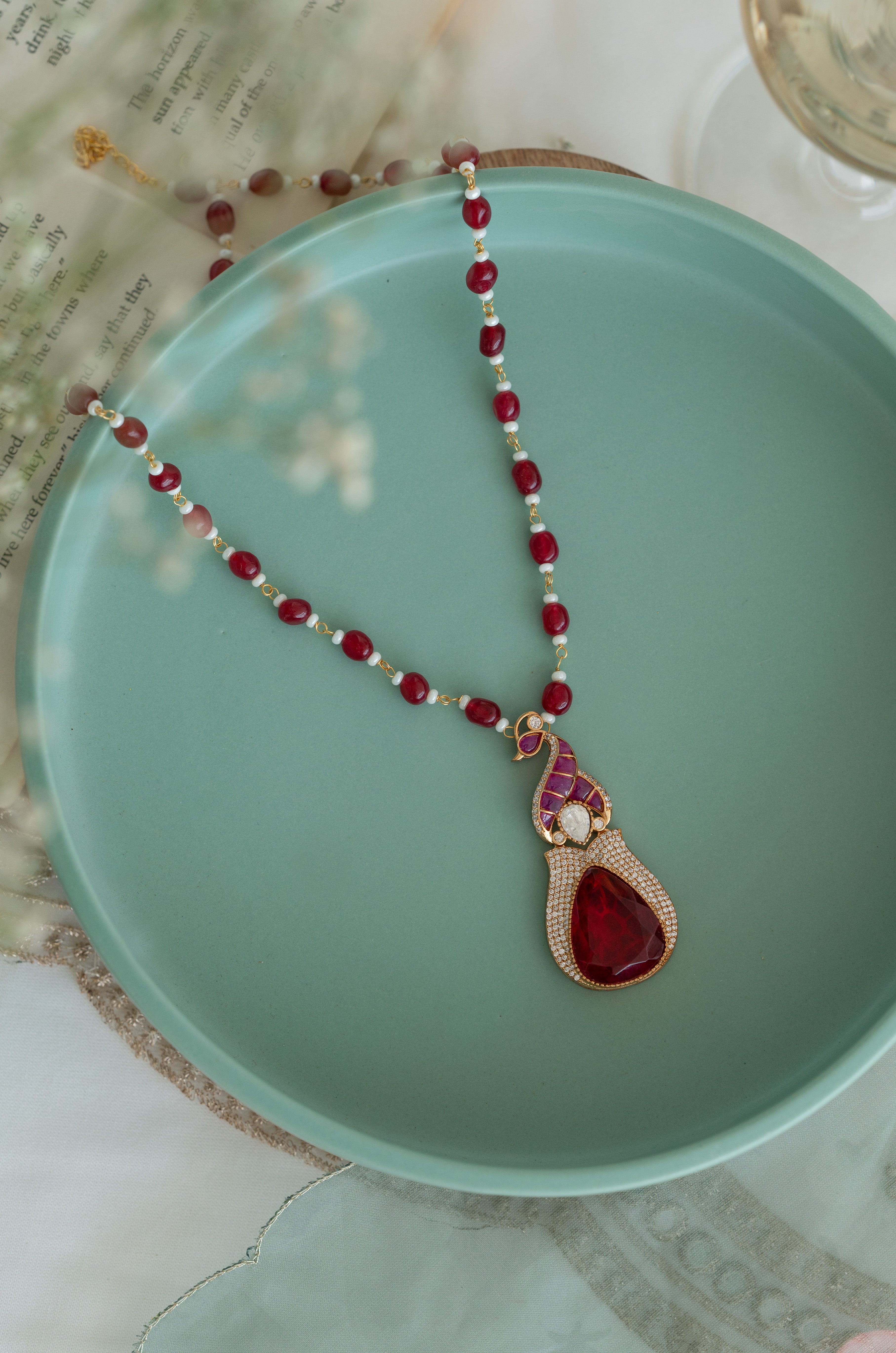 Red Stone Kundan Pendant Necklace with Pearl and Ruby Beads