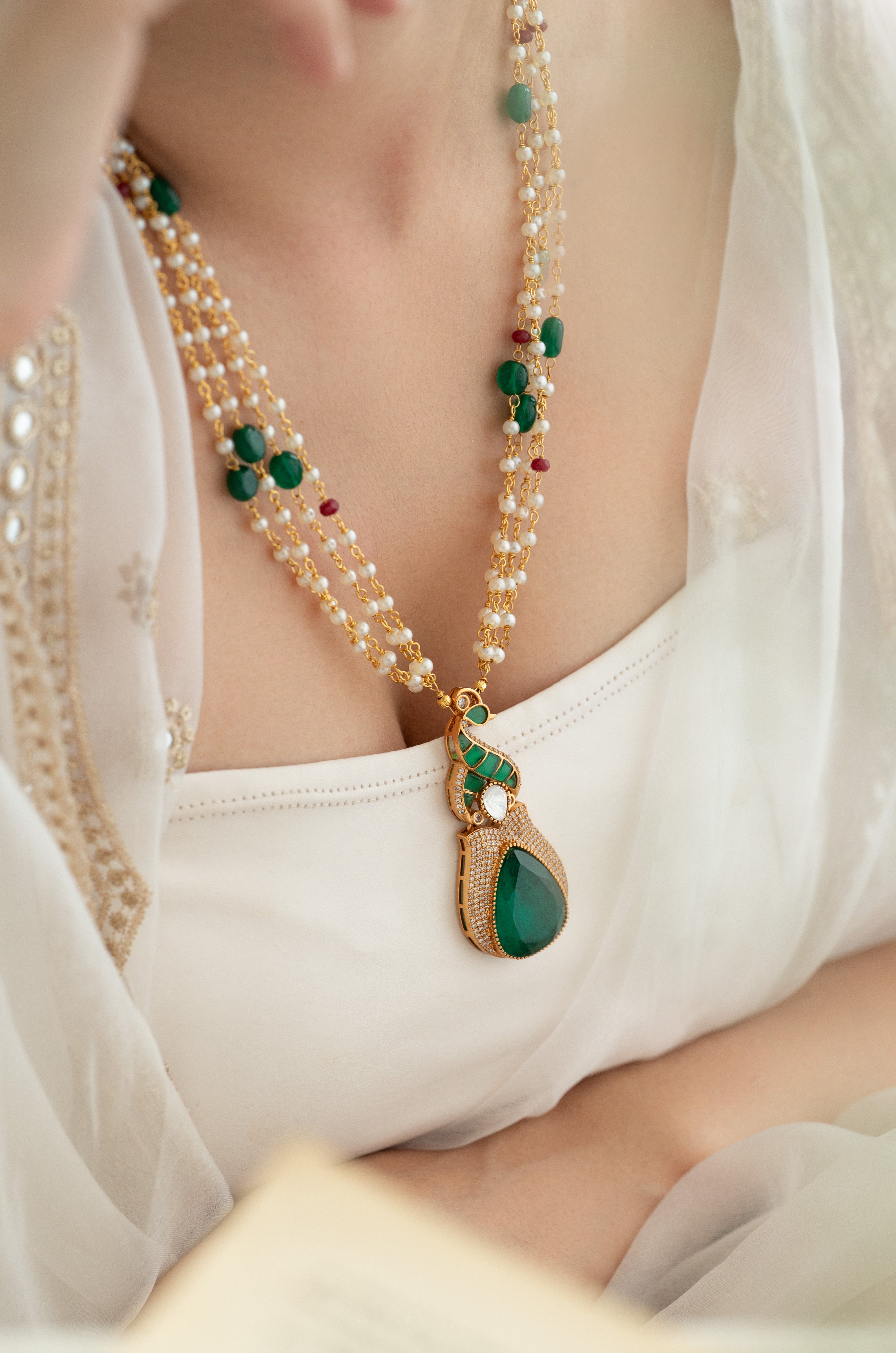 Royal Green Pearl Beaded Peacock Pendant with Kundan