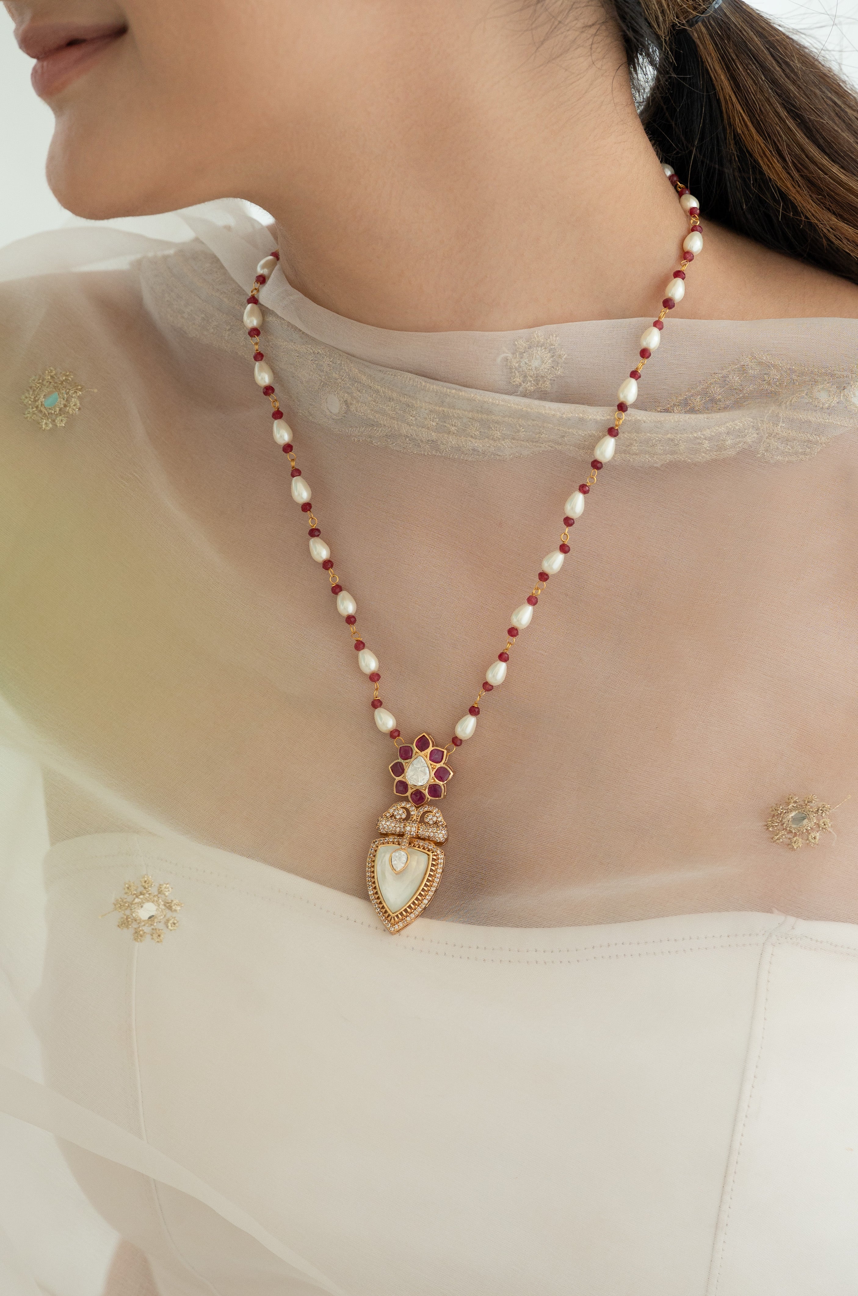Pearl and Ruby Beaded Kundan Pendant Necklace