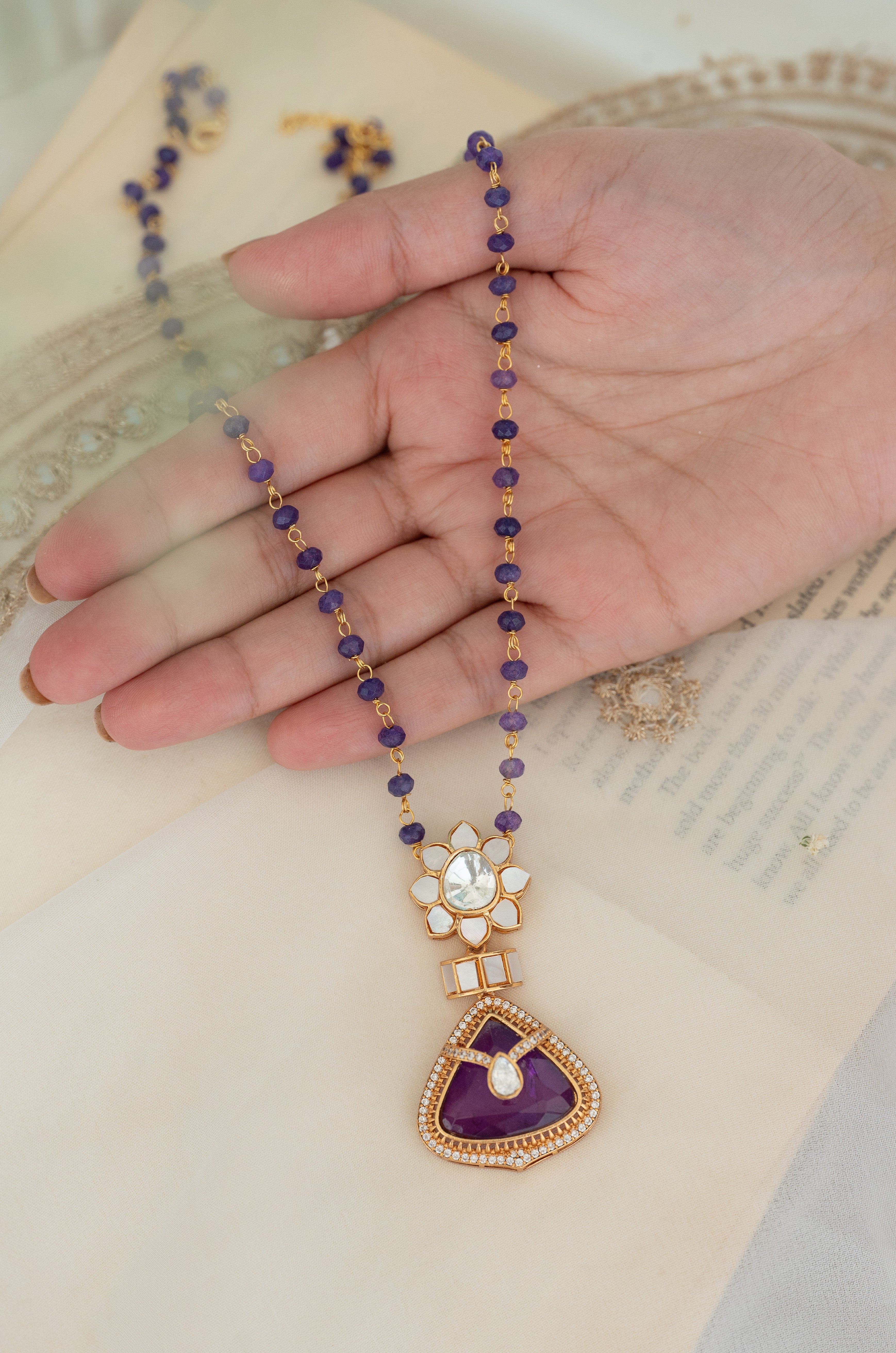 Royal Purple Beaded Pendant Necklace with Kundan Accents