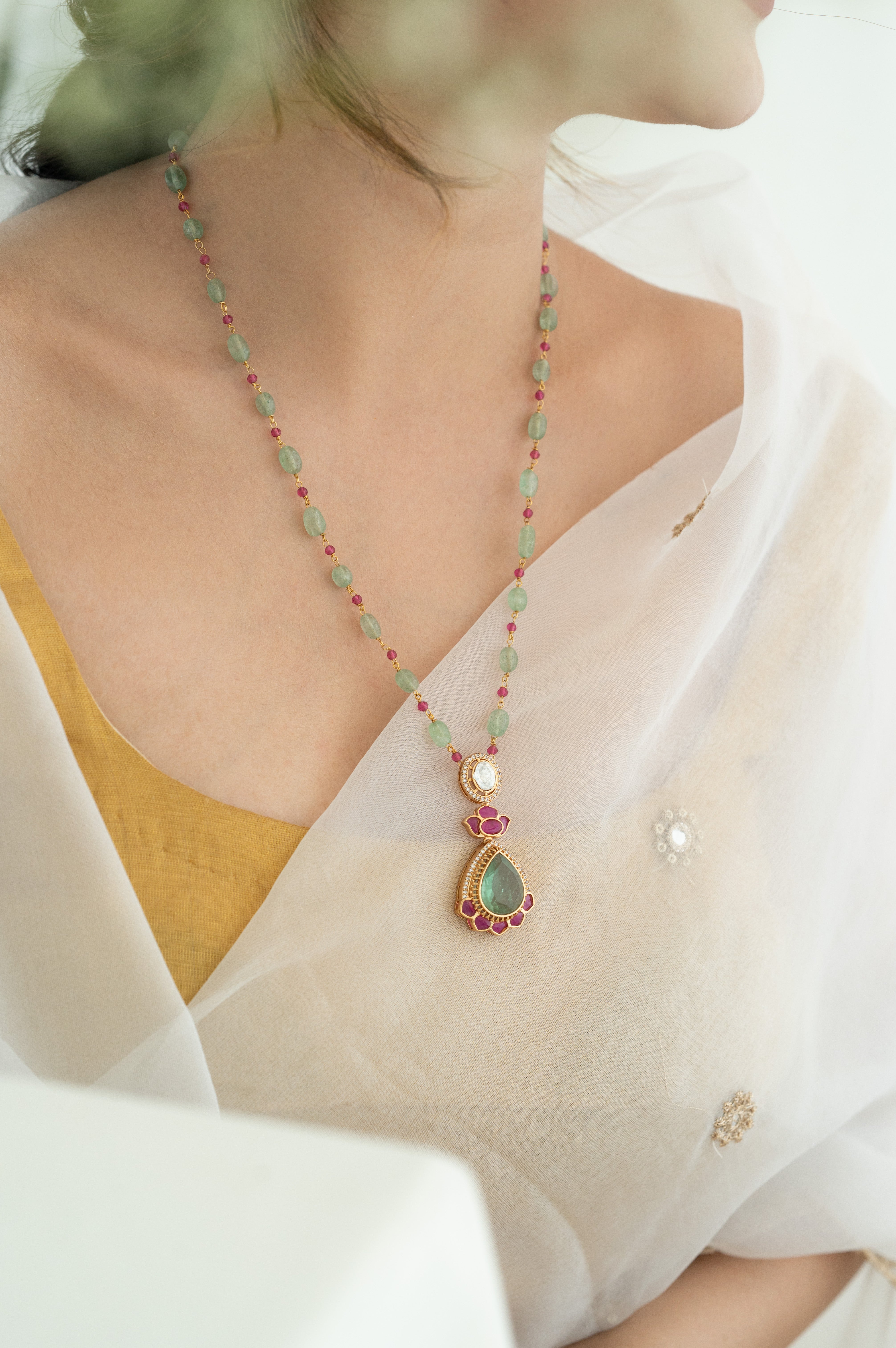 Green Stone Kundan Pendant Necklace with Ruby Beads