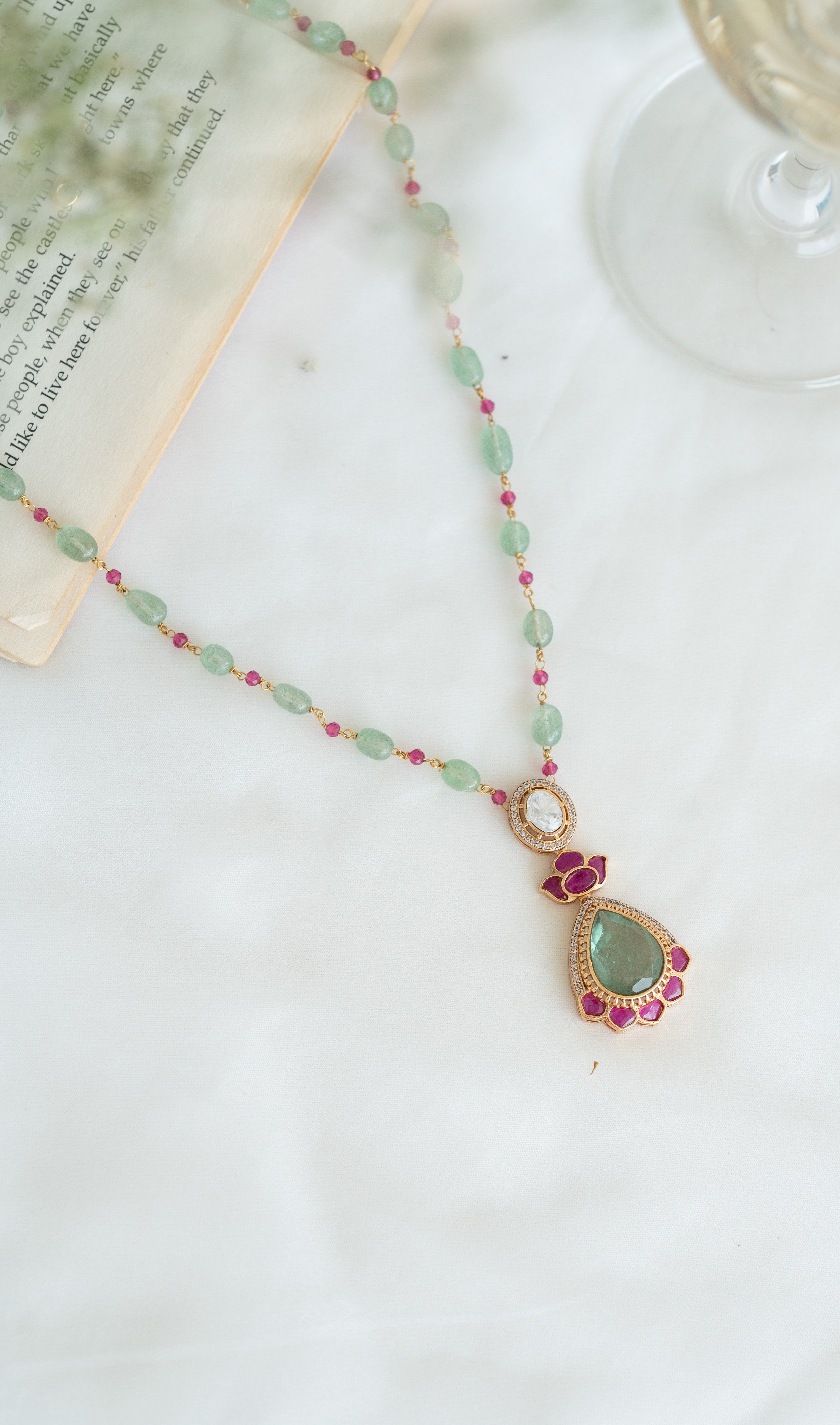 Green Stone Kundan Pendant Necklace with Ruby Beads