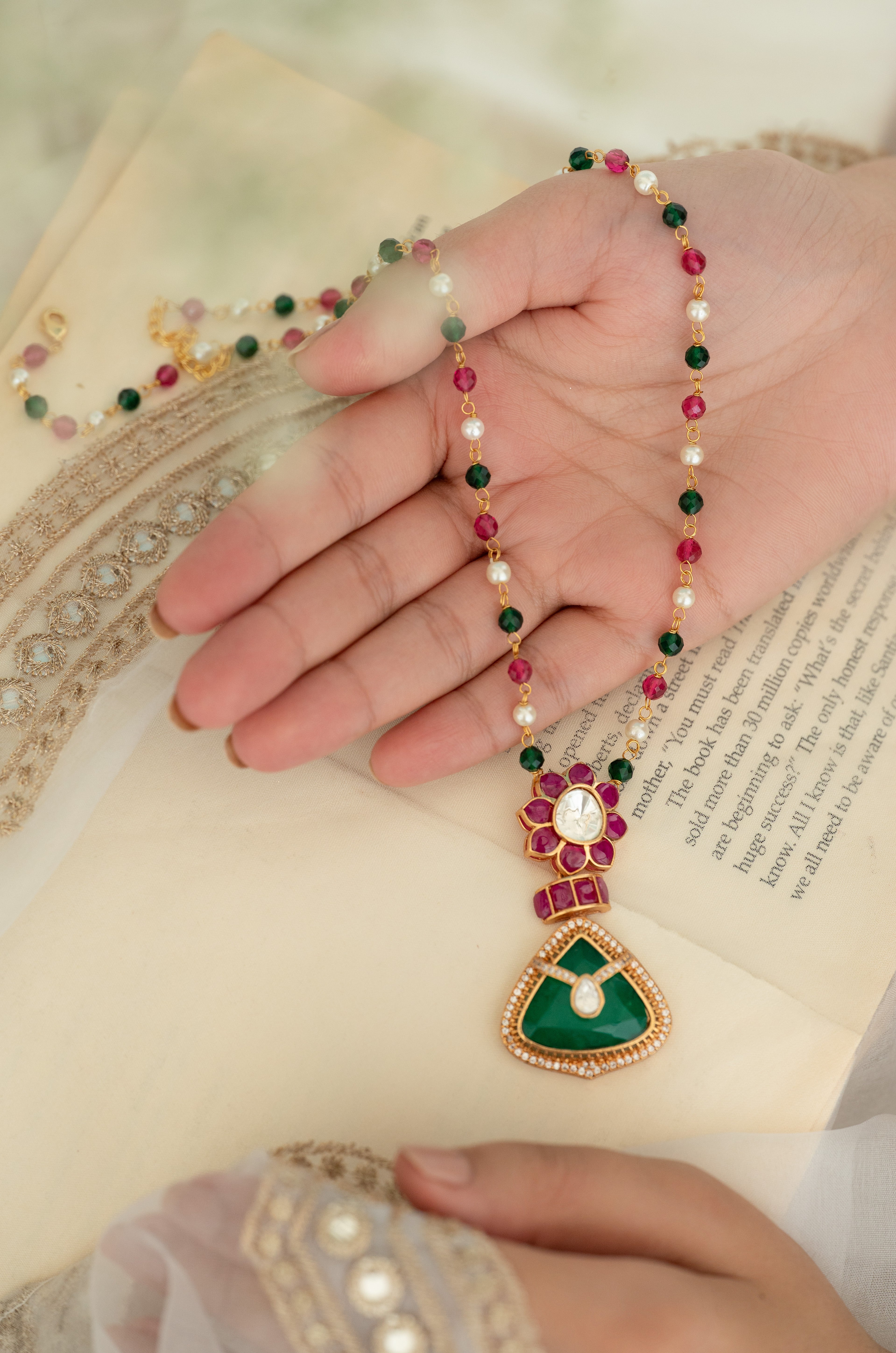 Ruby Red, Emerald Green and Pearl Beaded Gold-Plated Pendant Set