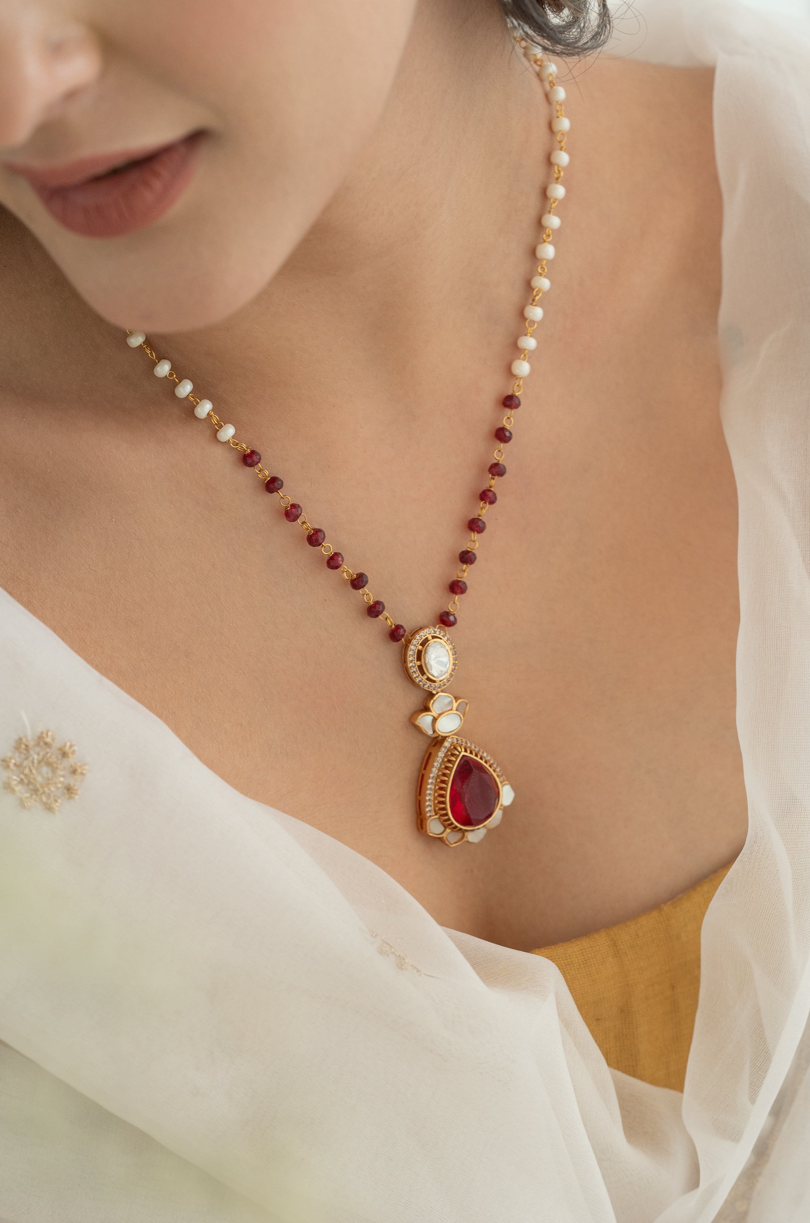 Red Stone and Pearl Beaded Kundan Pendant Necklace