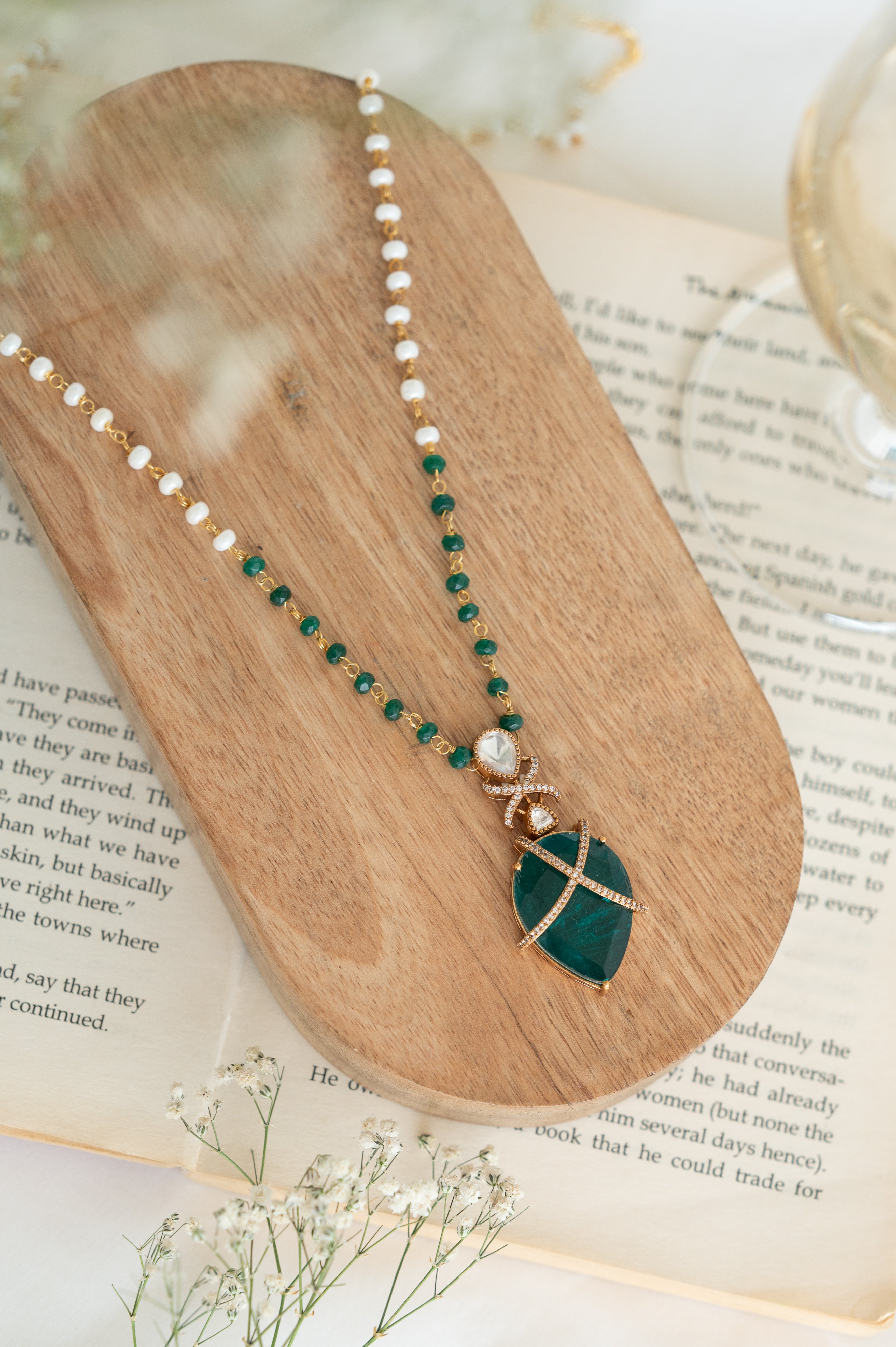 Elegant Pearl and Green Stone Ethnic Pendant Necklace