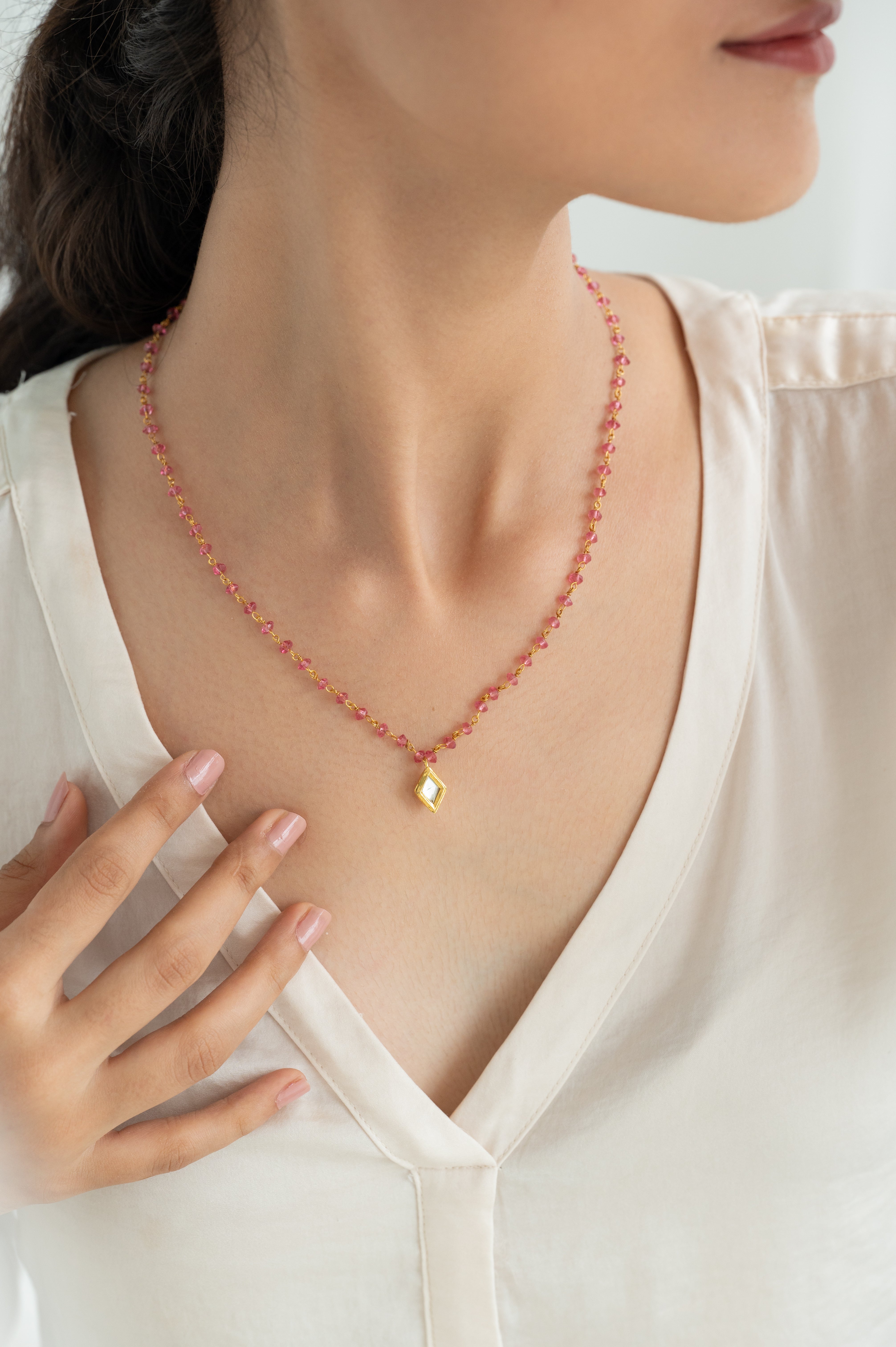 22k Gold Plated Delicate Pink Beaded Necklace with Kundan Pendant
