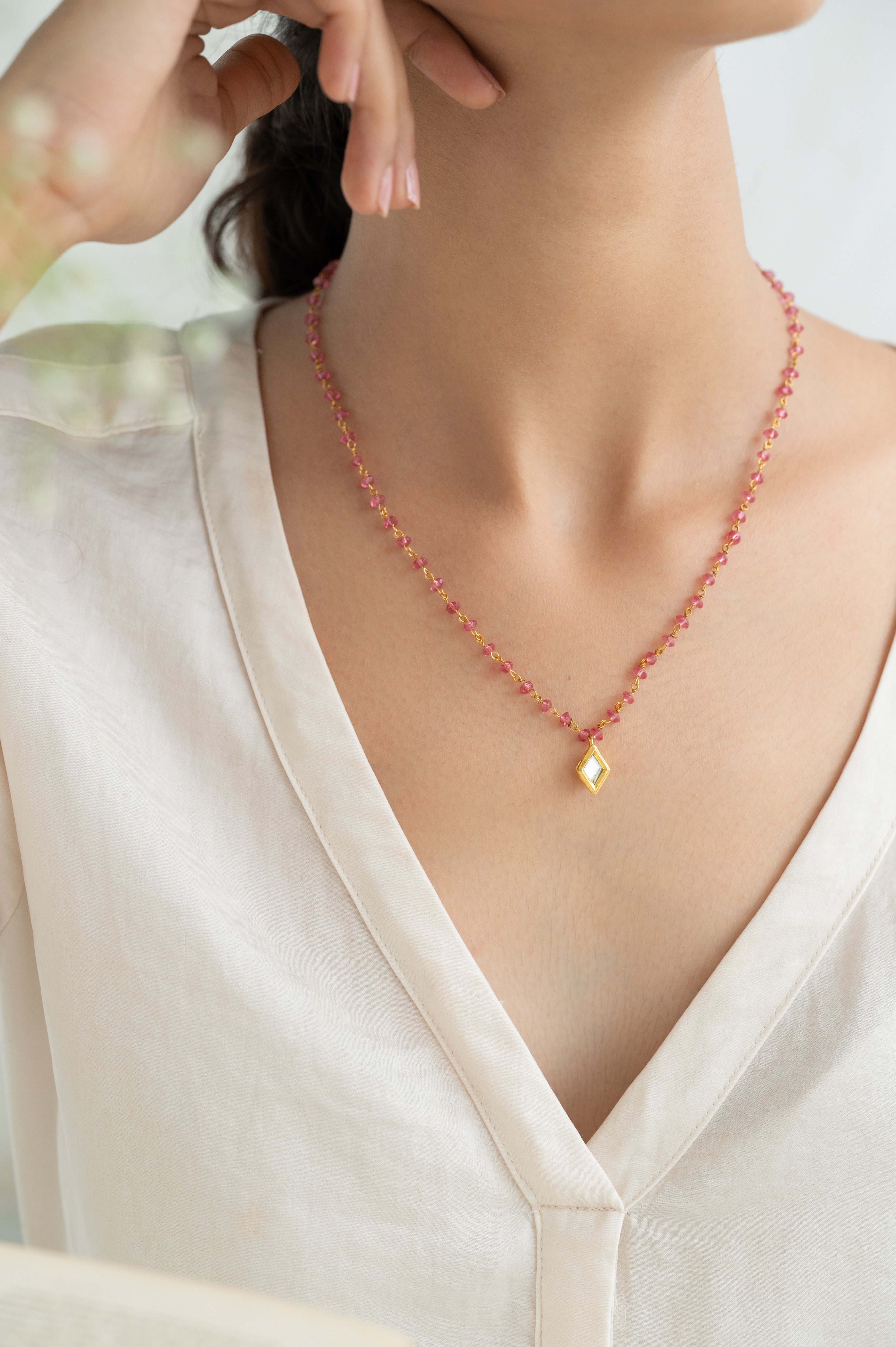 22k Gold Plated Delicate Pink Beaded Necklace with Kundan Pendant