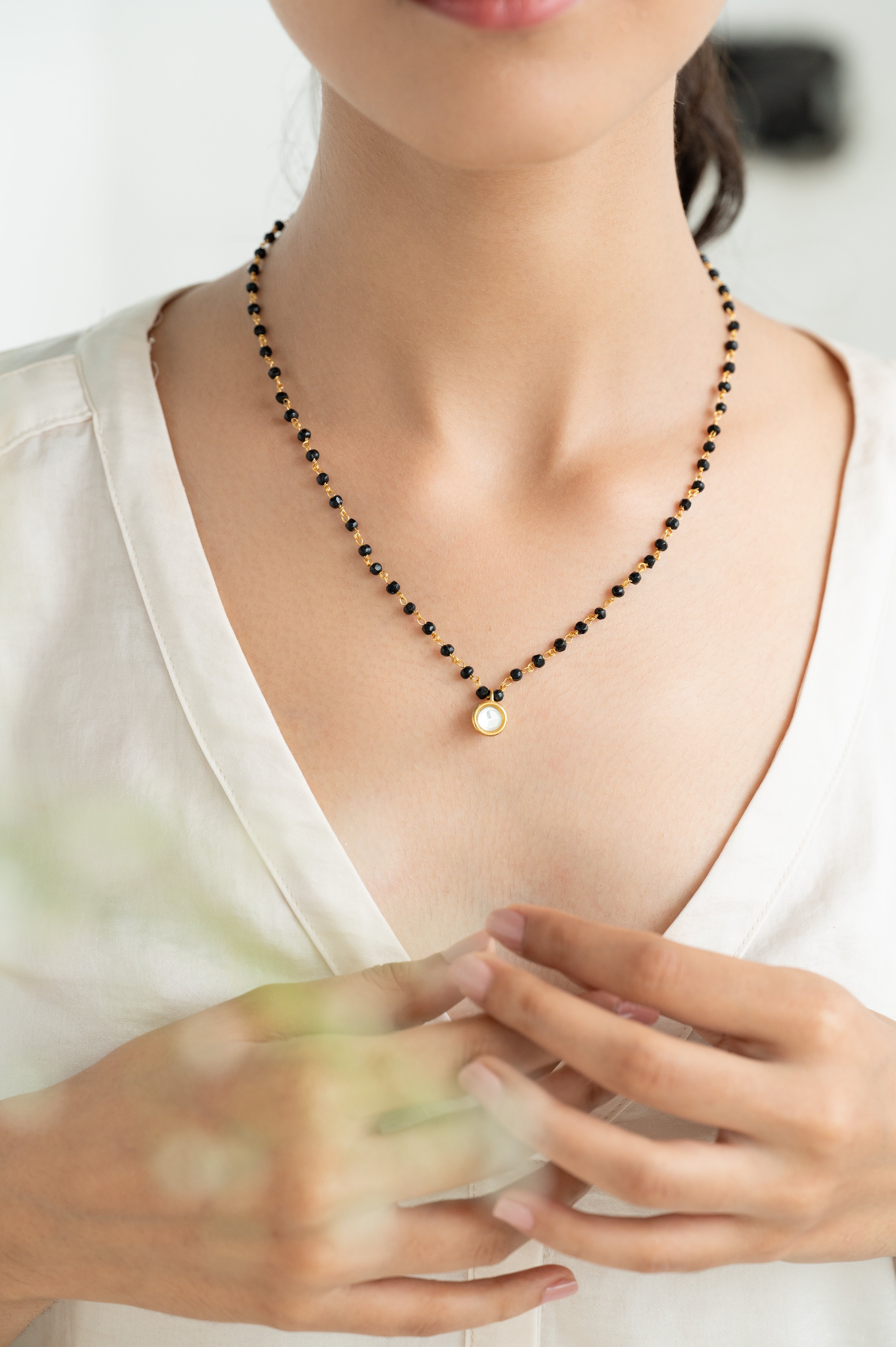 Minimal Black Bead Mangalsutra with Gold Plated Kundan Pendant