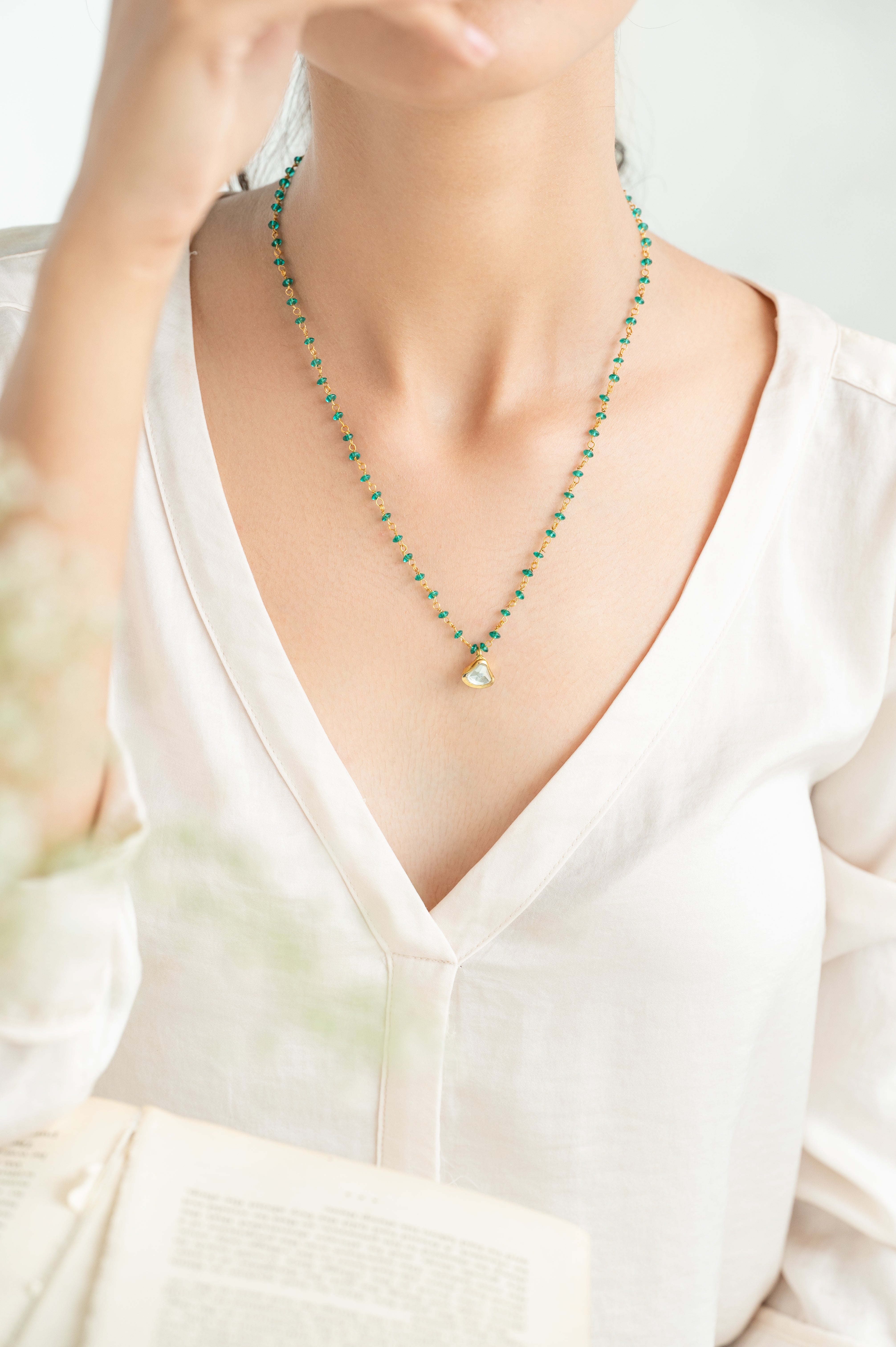 22k Gold Plated Delicate Green Beaded Necklace with Kundan Pendant