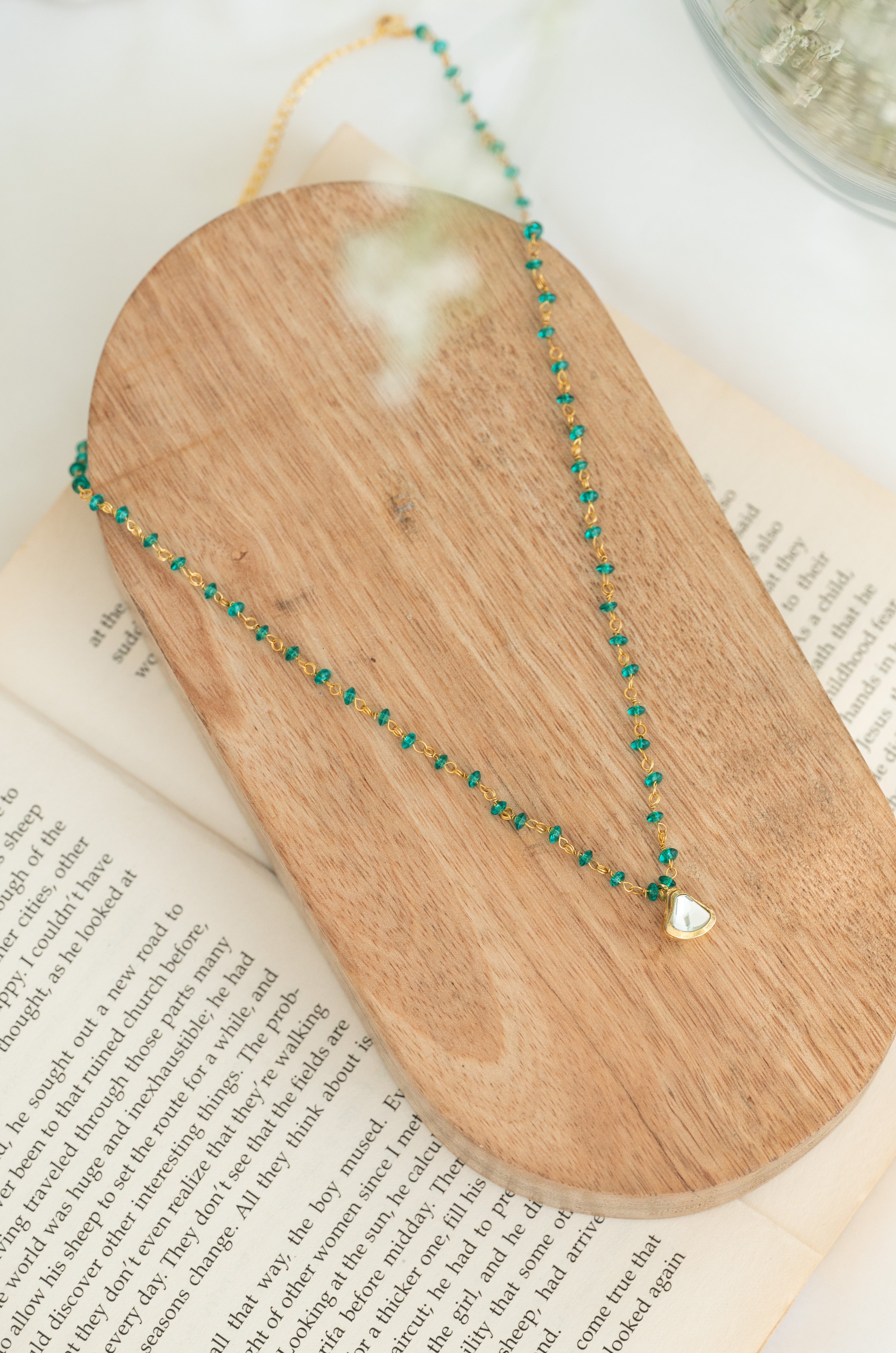 22k Gold Plated Delicate Green Beaded Necklace with Kundan Pendant