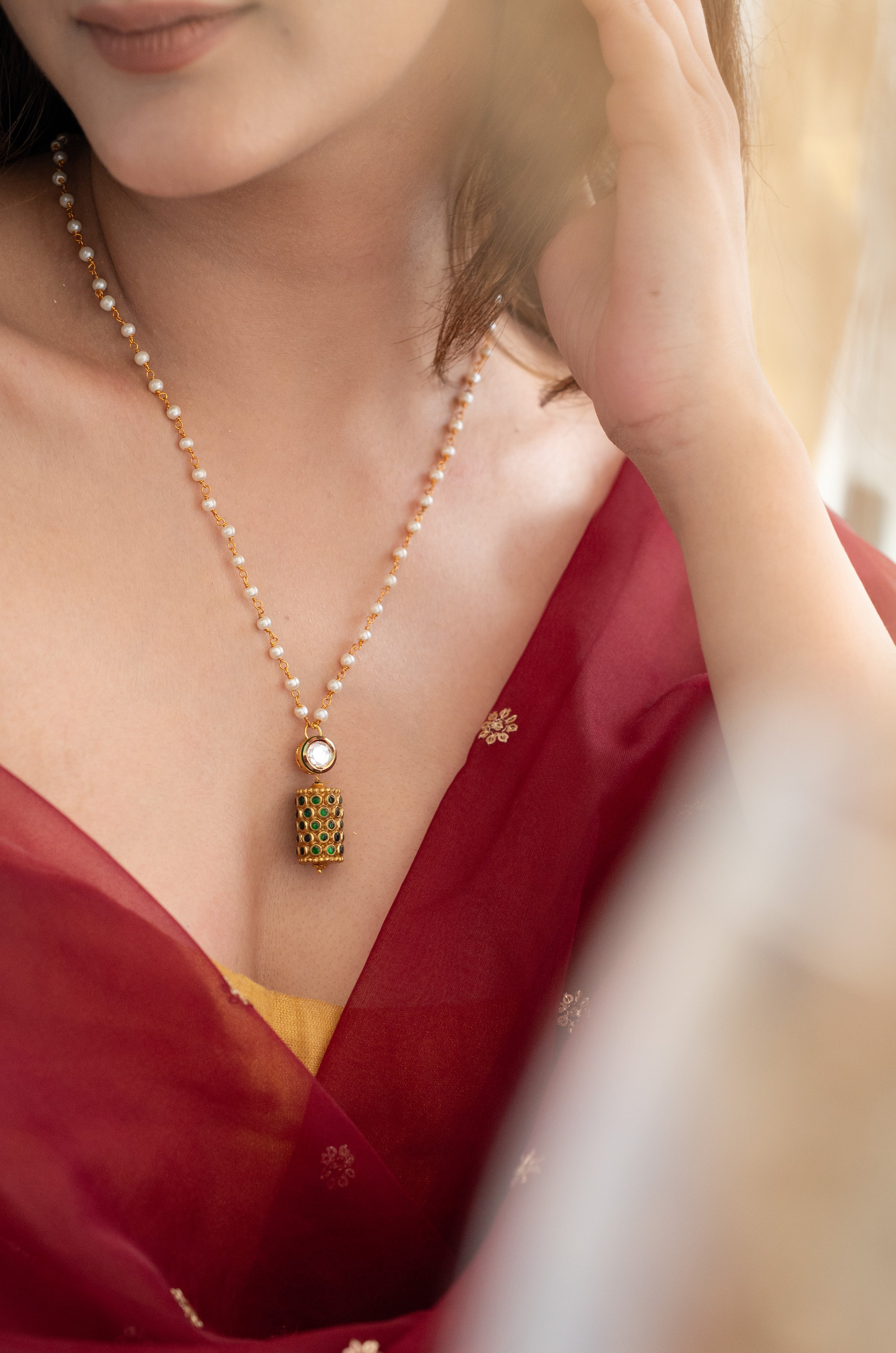 Delicate Green Beaded Kundan Jadau Pendant Set