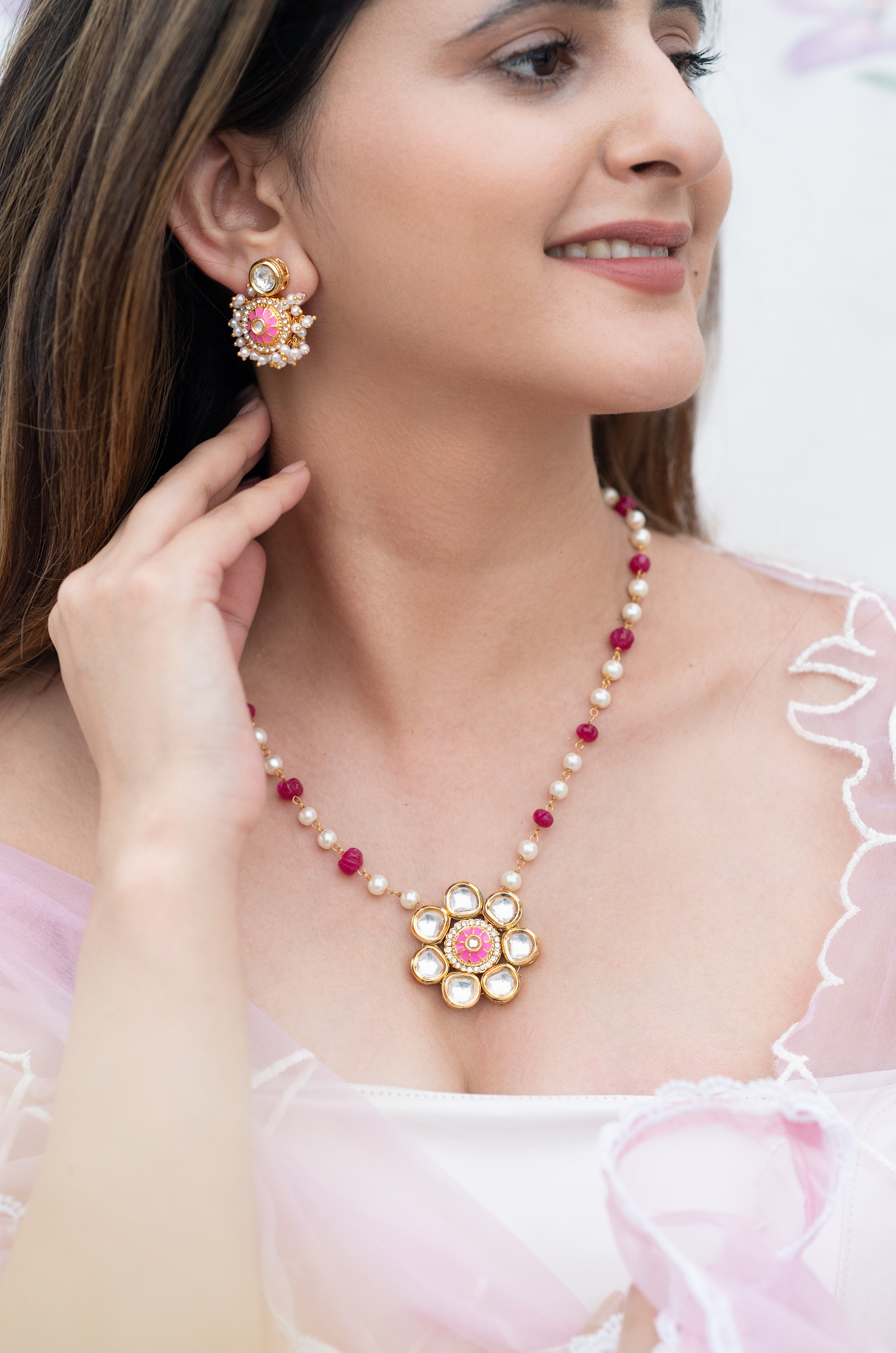 Hot Pink Stone Kundan Meenakari Beaded Pendant Set