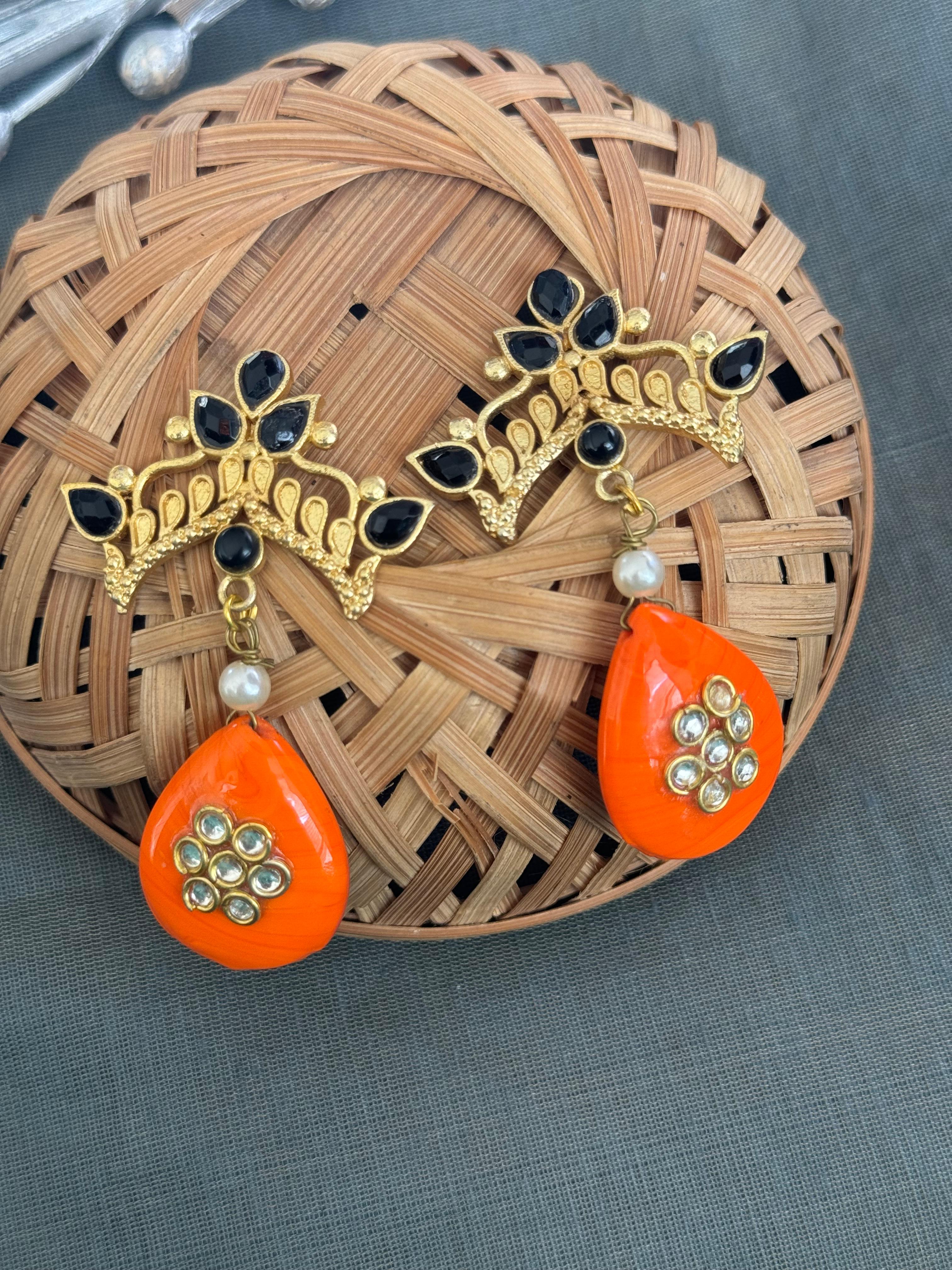 Orange Stone Gold Matte Drop Earrings