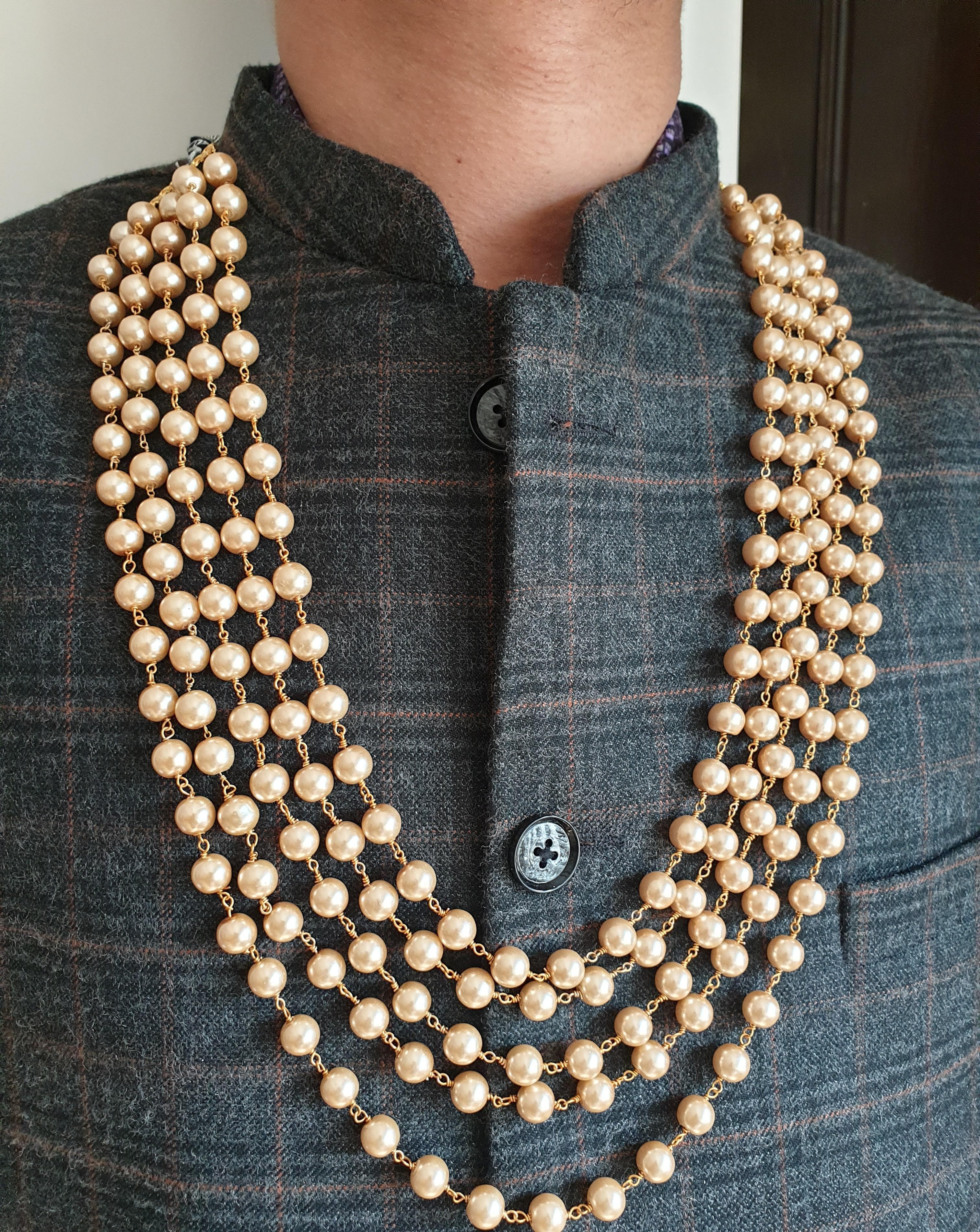 Five Layered Golden Pearl Beads Groom Necklace