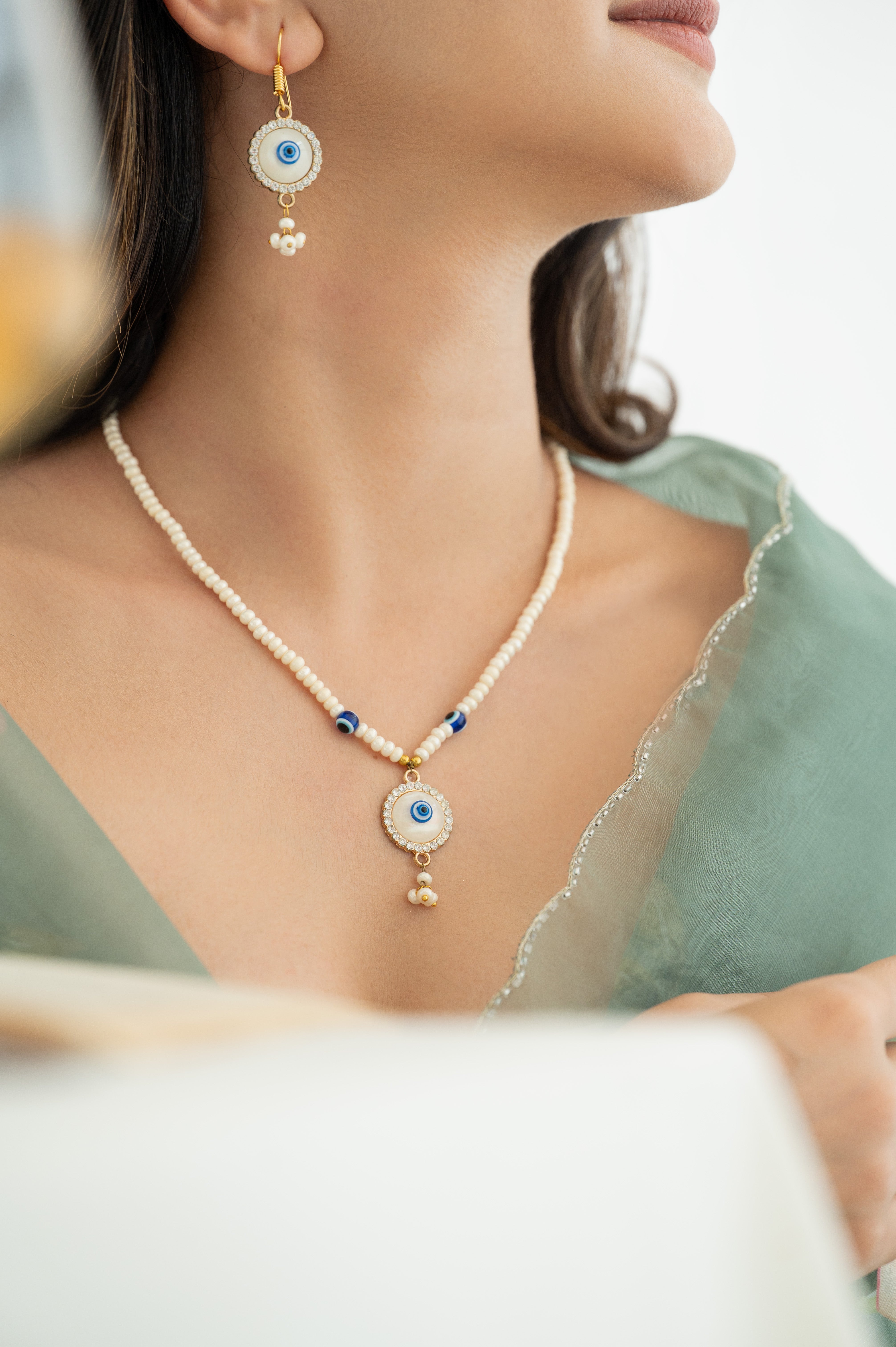 Evil Eye Pearl Necklace Earring Set