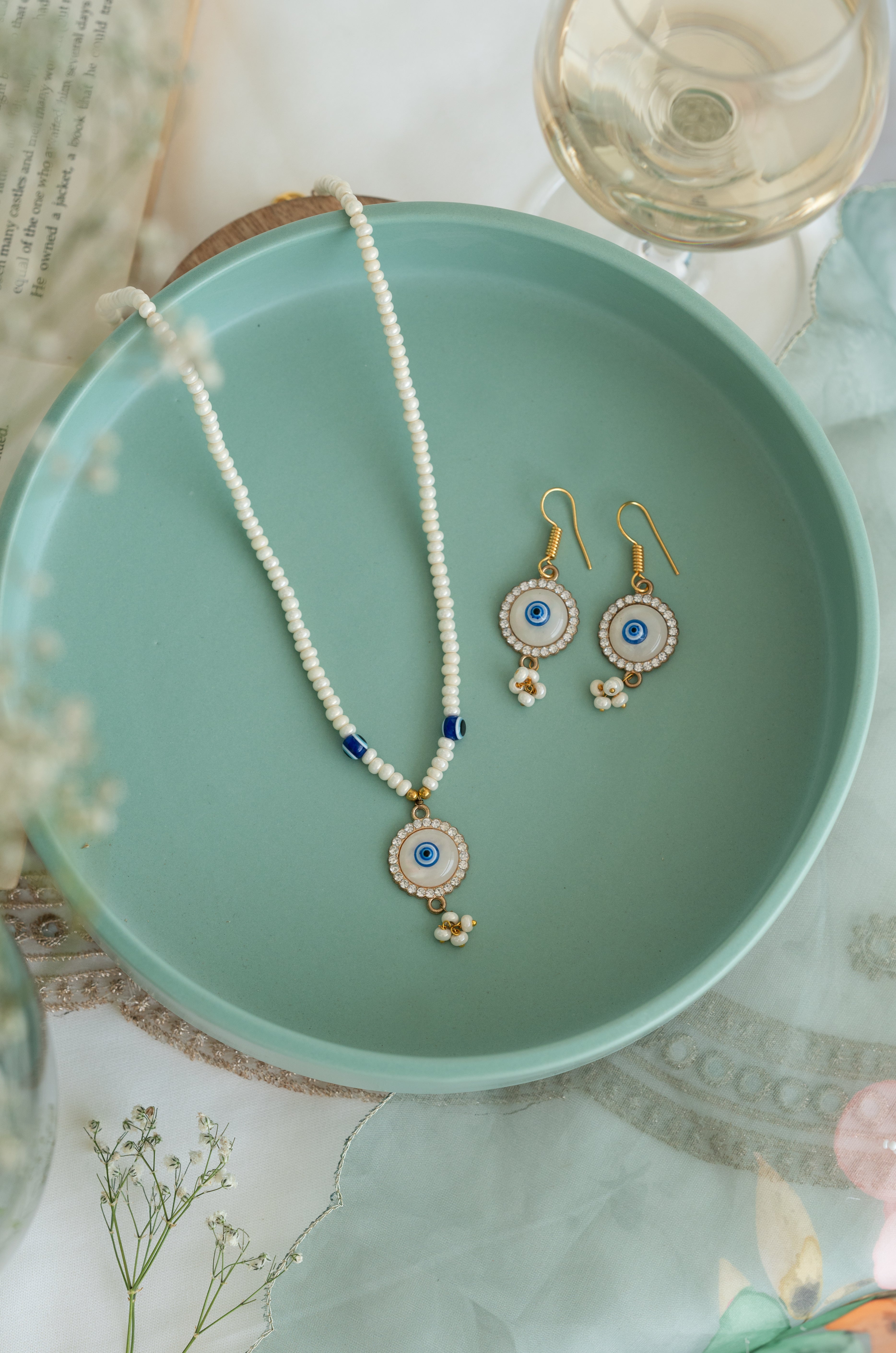 Evil Eye Pearl Necklace Earring Set