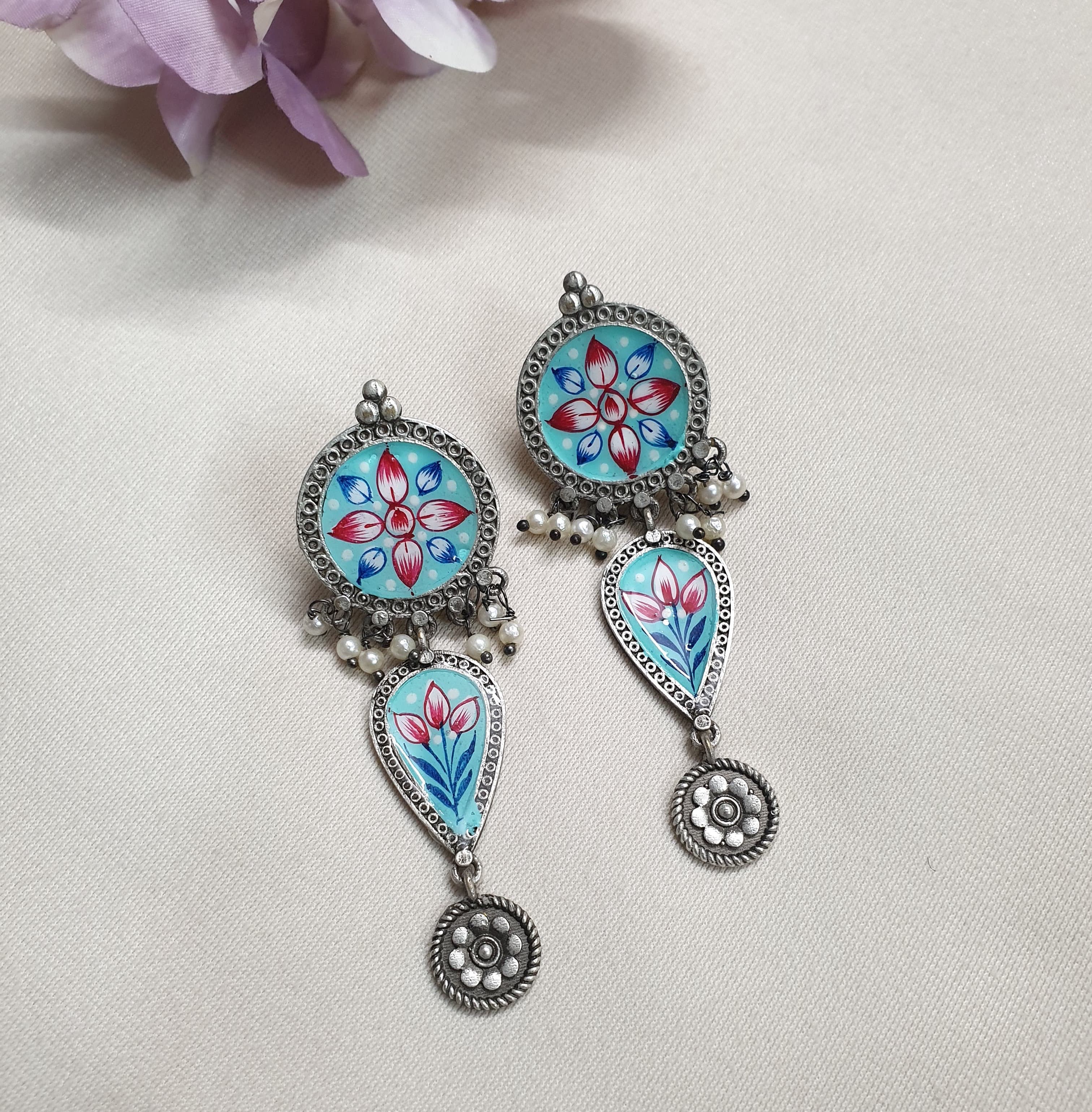 Oxidised Silver Sky Blue Handpainted Earrings