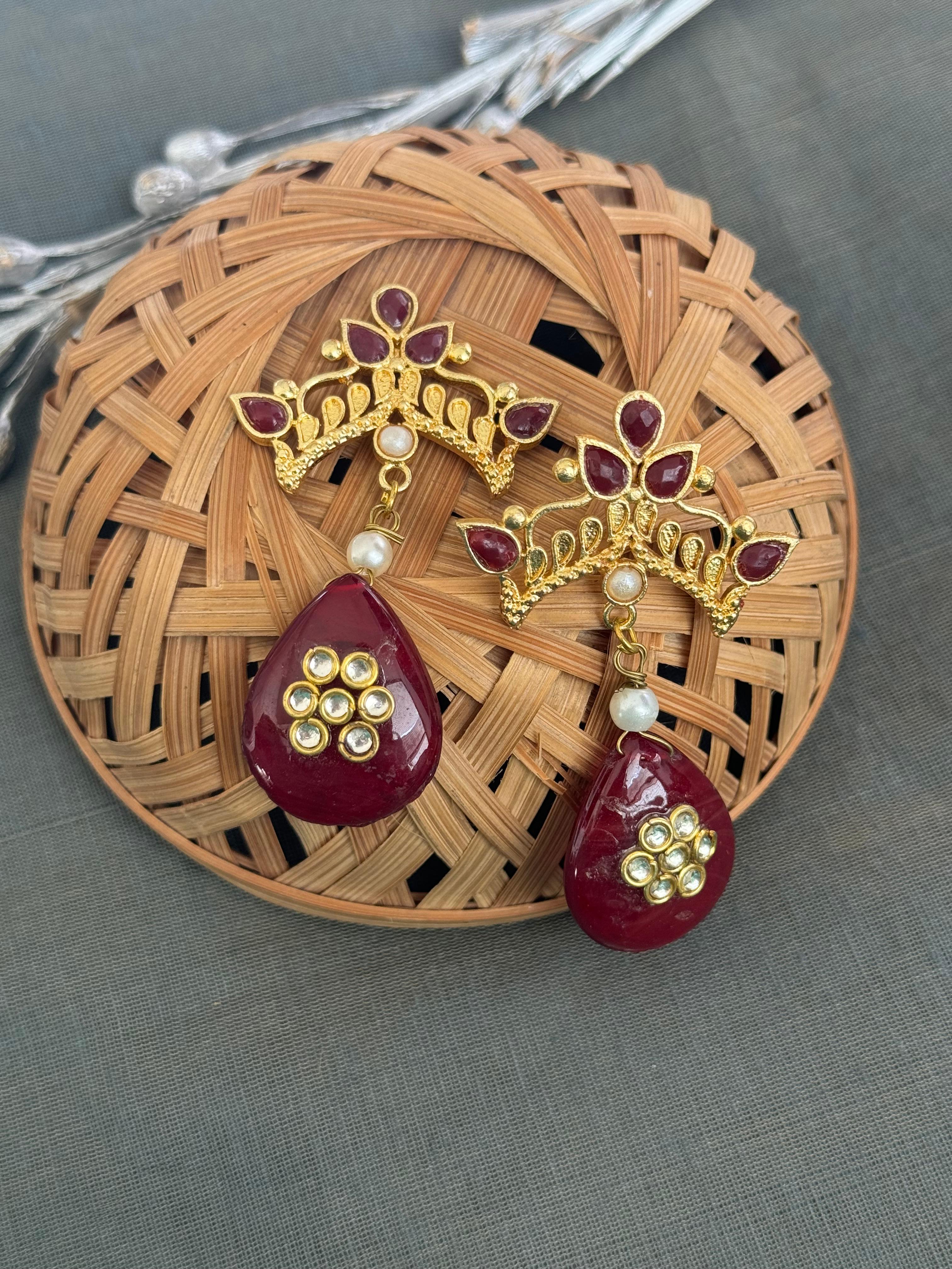 Maroon Stone Gold Matte Designer Earrings