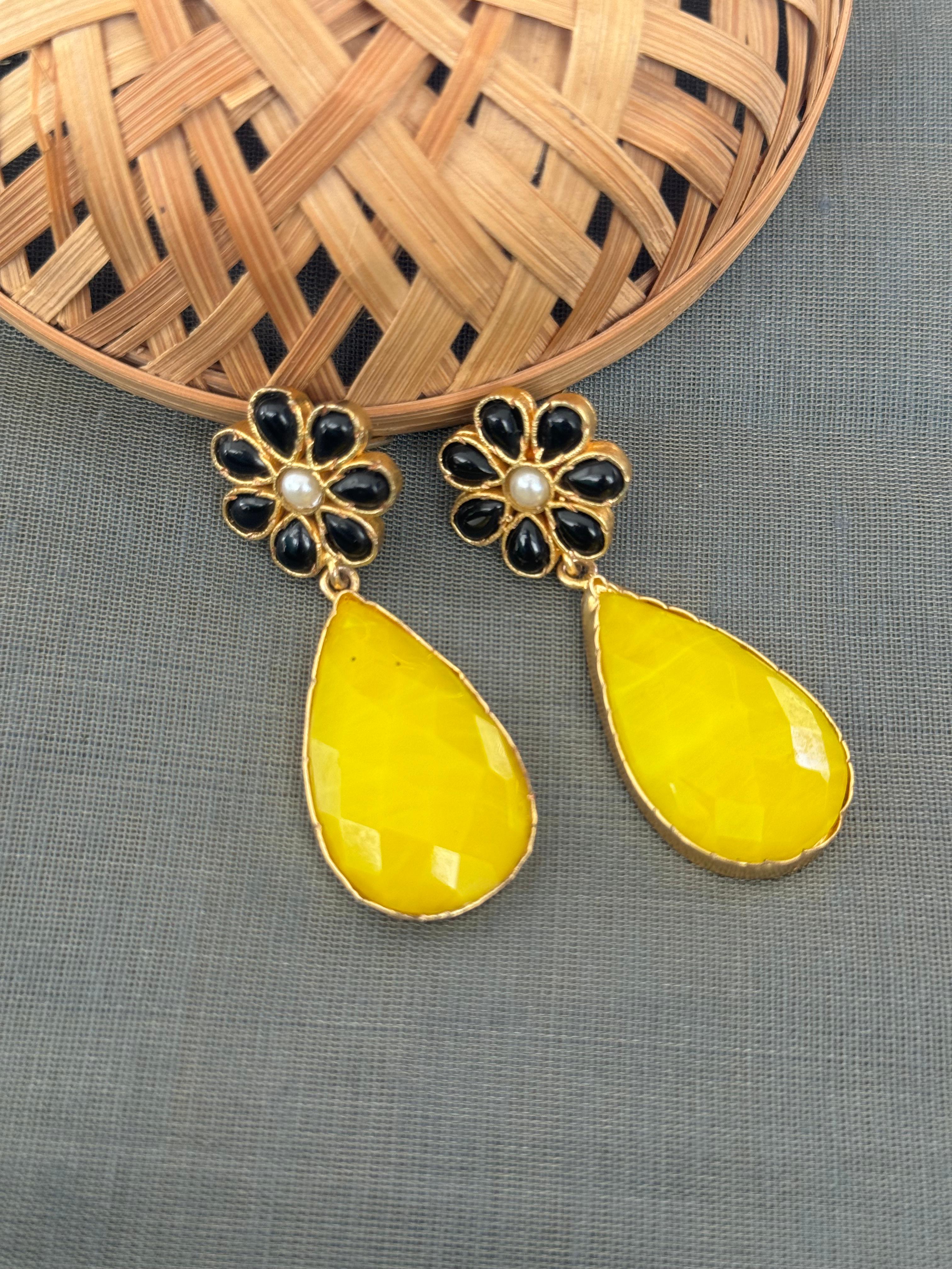 Yellow Stone Floral Drop Earrings