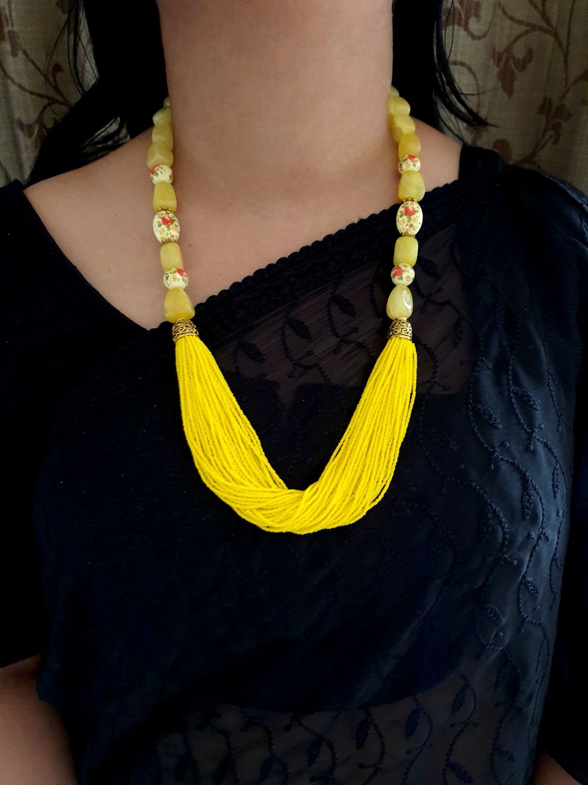 Yellow Floral Seed Bead Necklace Set