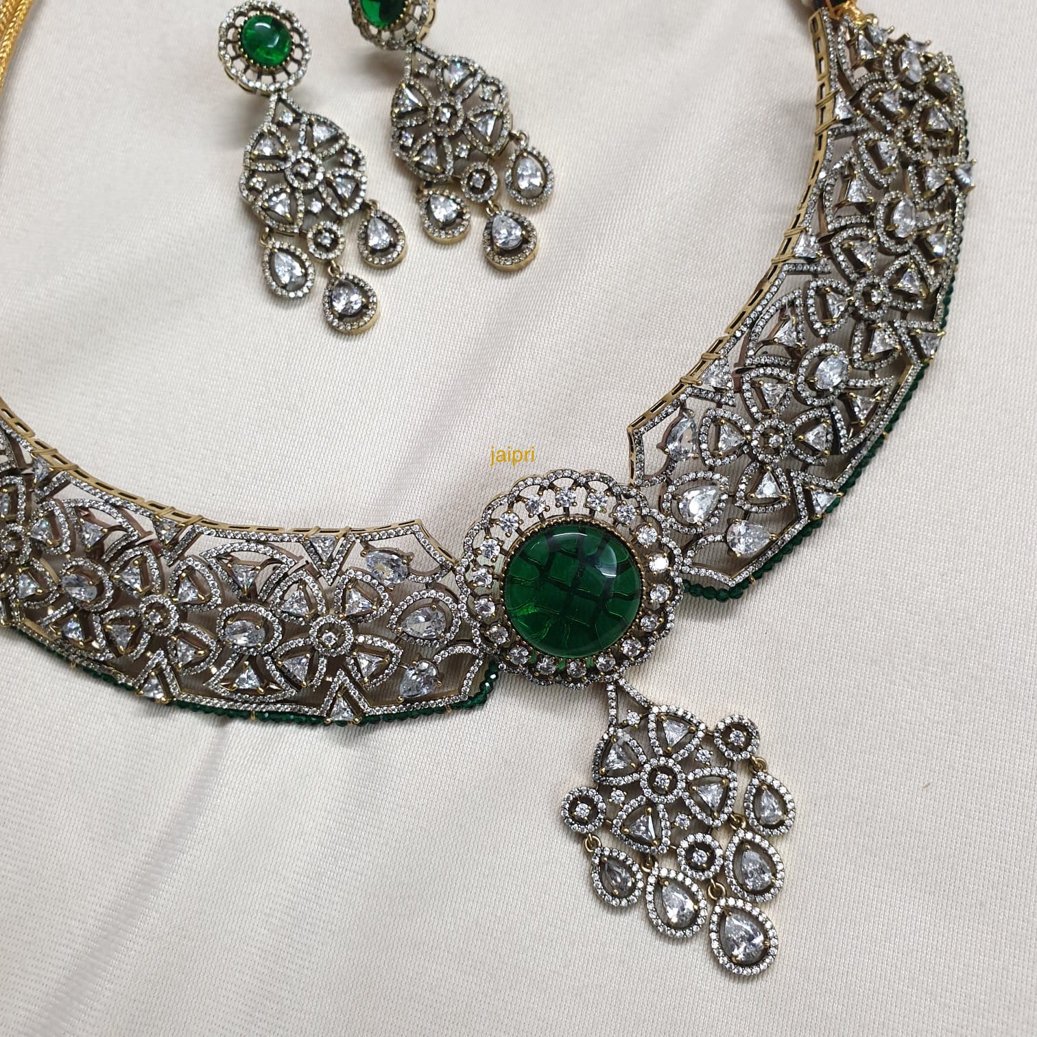 CZ Green Stone Kundan Necklace With Earrings