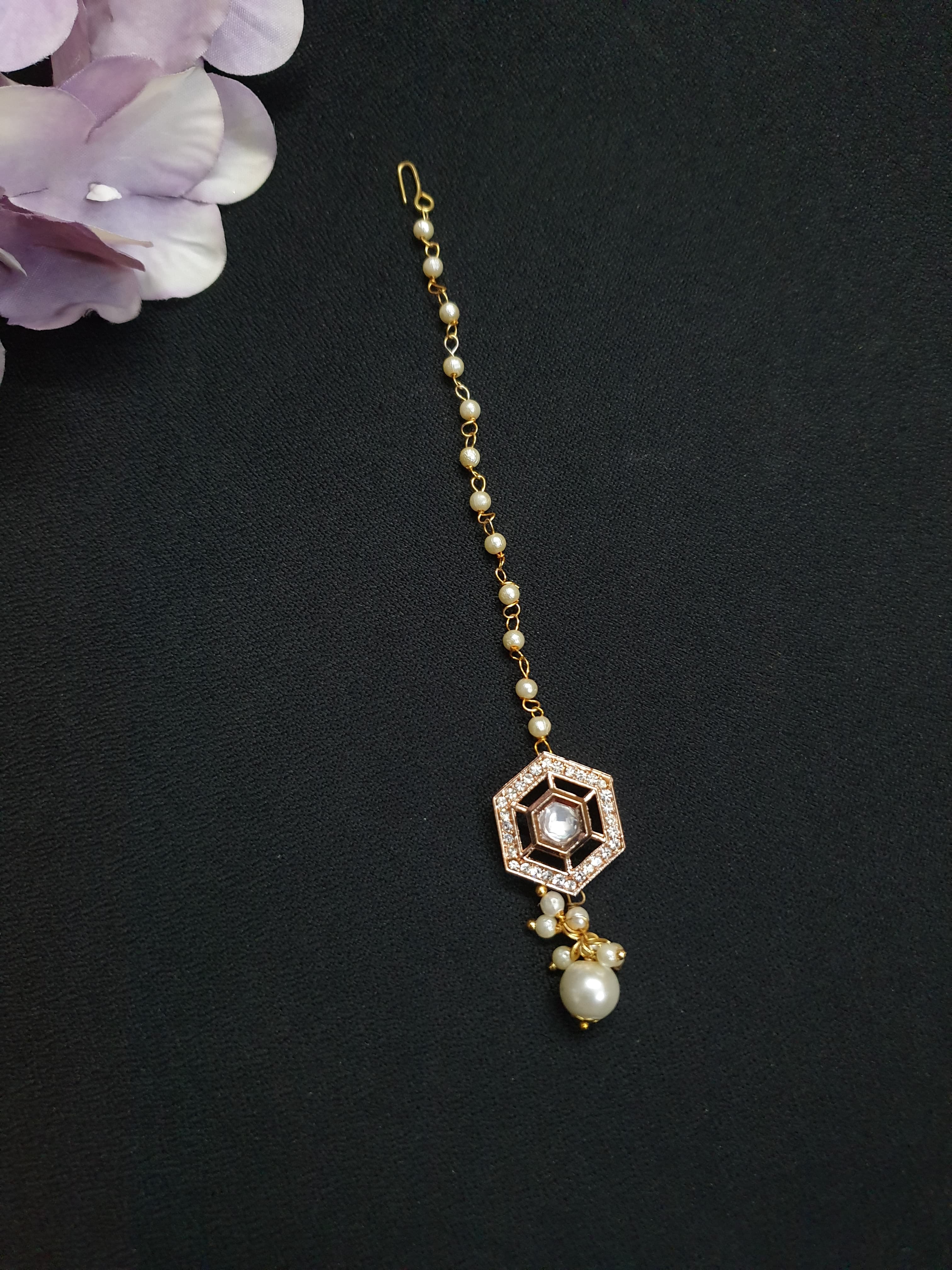 Rose Gold Designer Kundan Polki Pearl Beaded Maang Tikka
