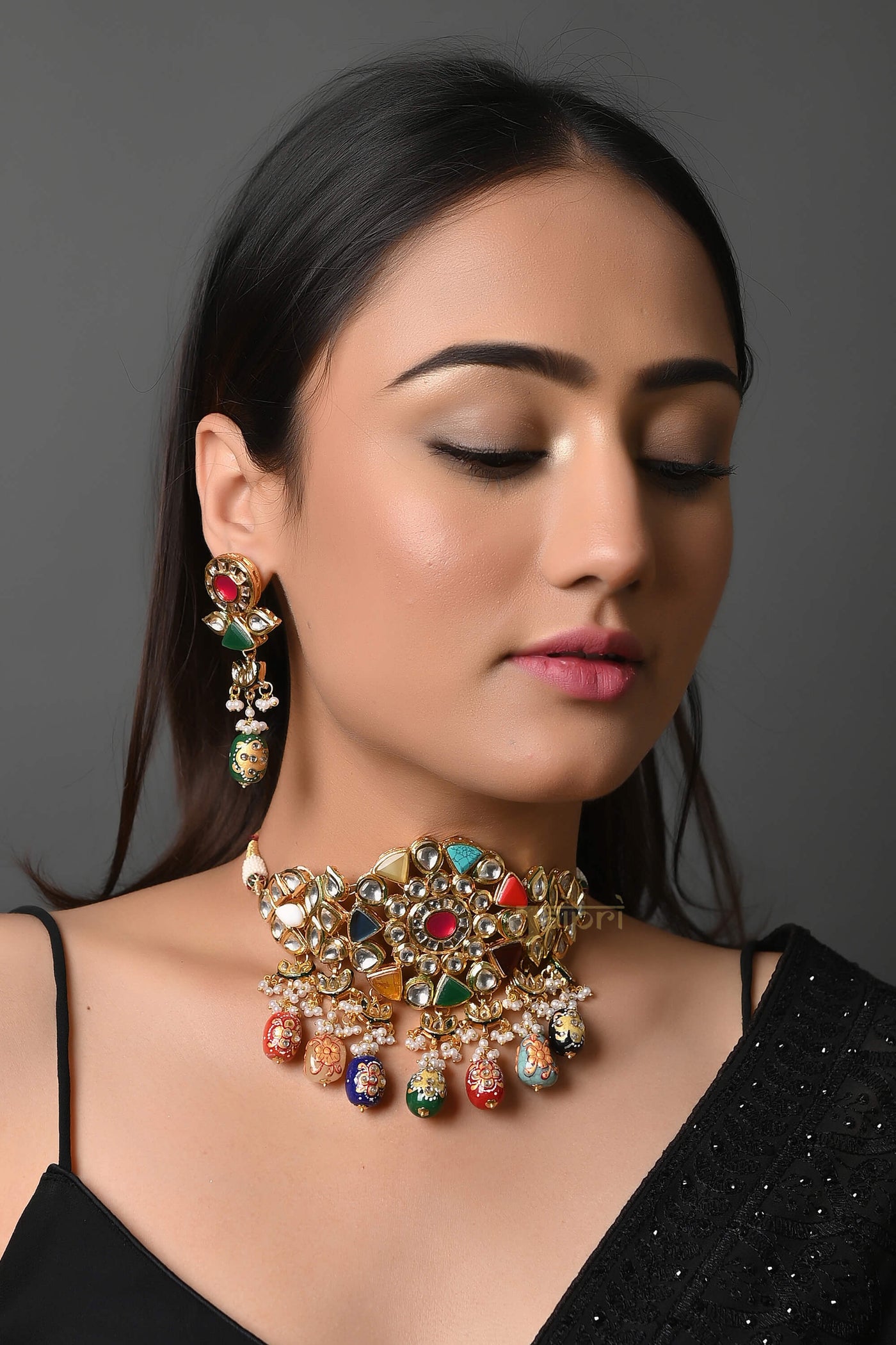 Designer Navratan Stone Floral Choker With Earrings