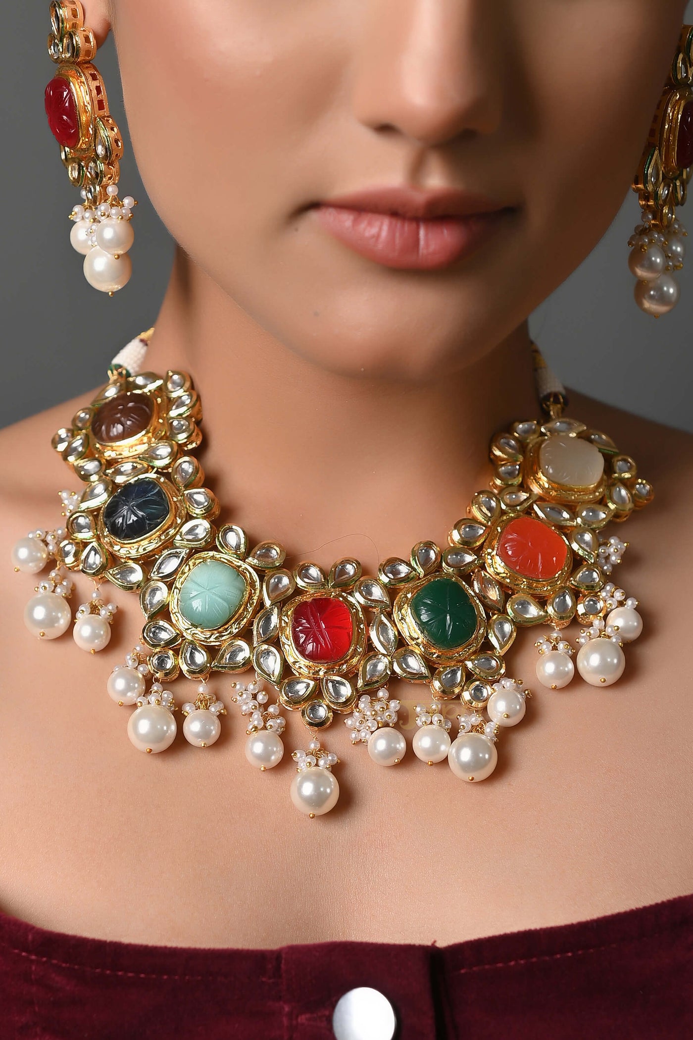 Navratan Stone Kundan-Jadau Choker & Earrings With Maang Tikka