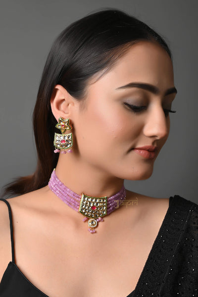 Adorable Purple Beads Stone Kundan-Jadau Choker With Earrings