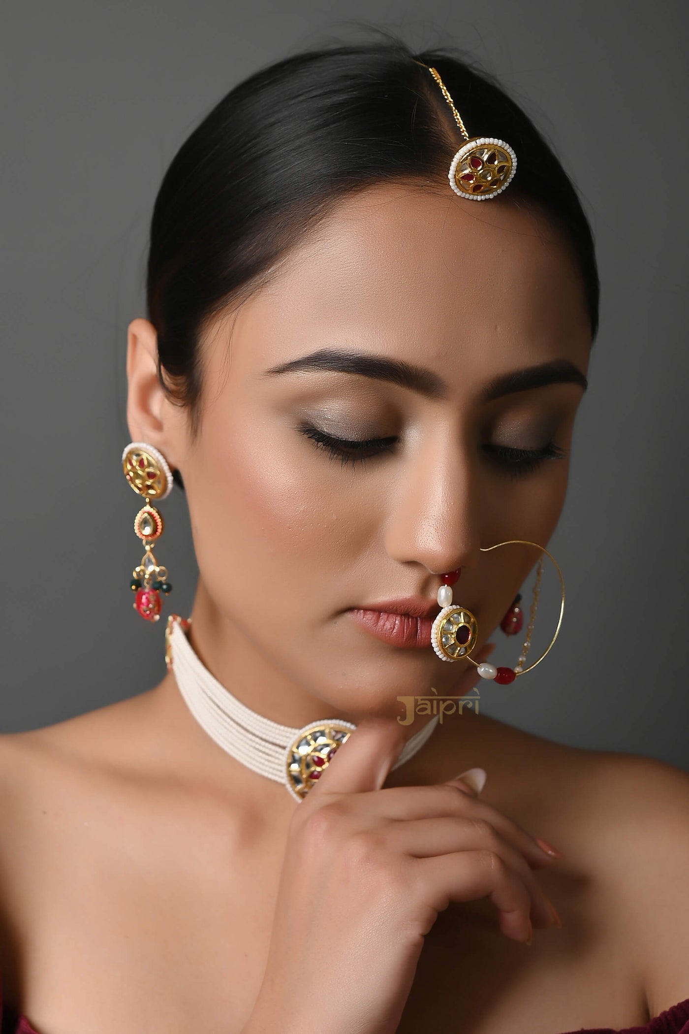 Kundan Choker Necklace With Earrings, Nath And Maang Tikka
