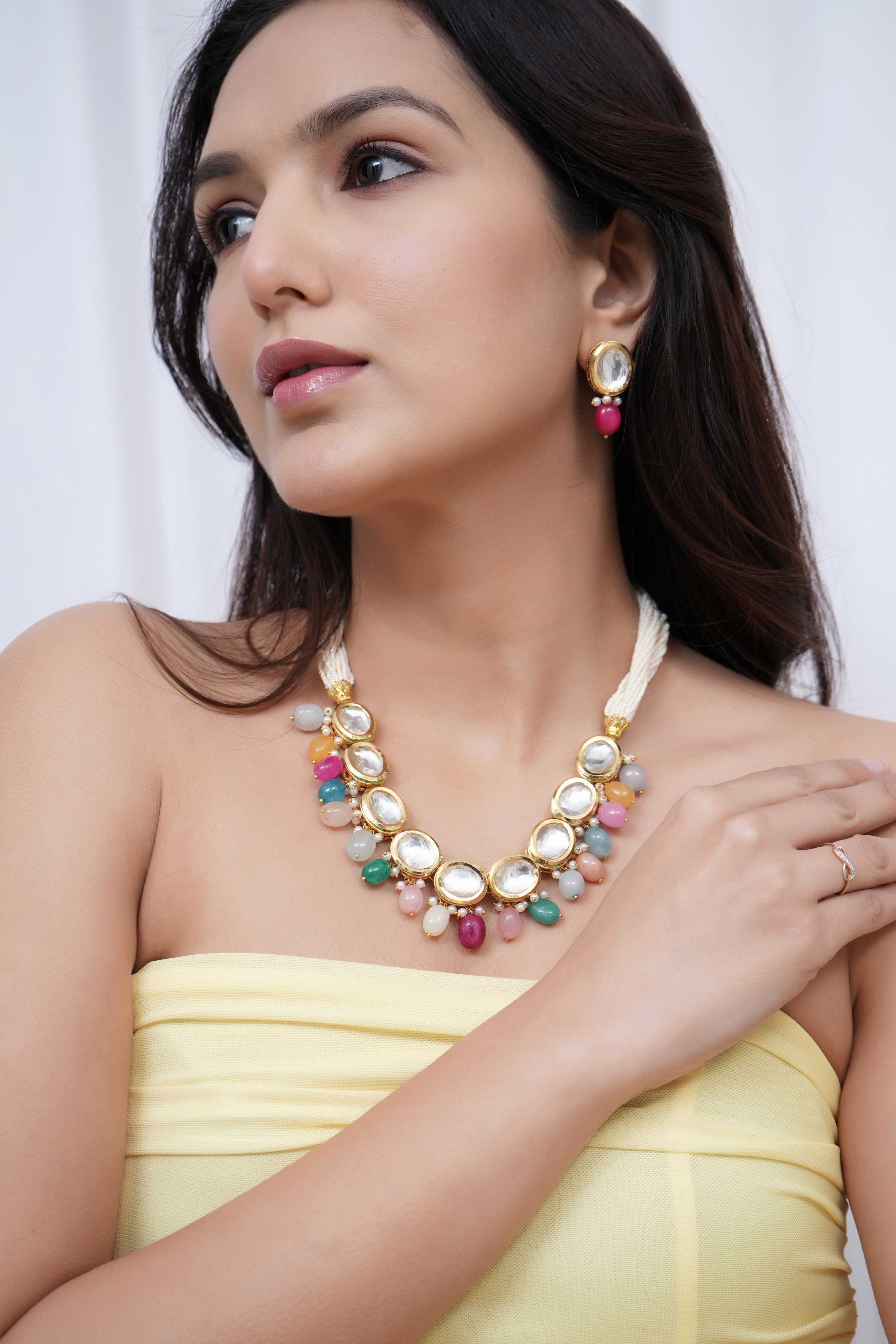 Kundan Stone Multi Beaded Necklace Set With Earrings