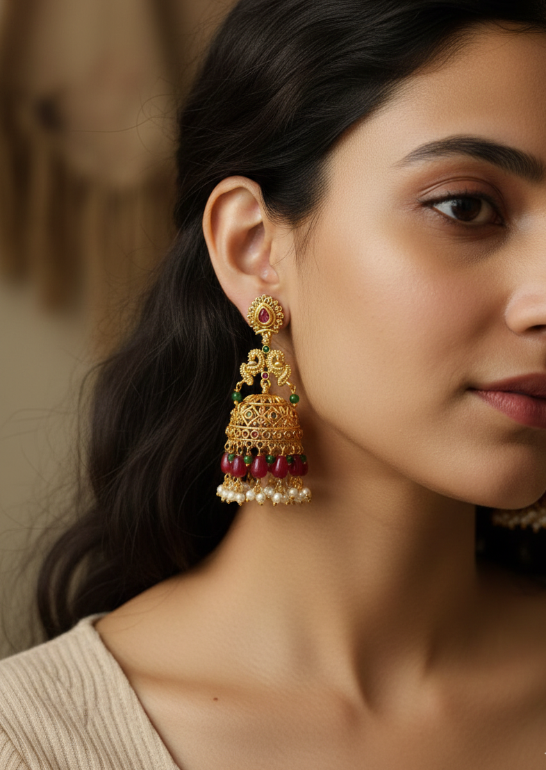 Gold Tone South Indian Ruby Beaded Jhumki Earrings