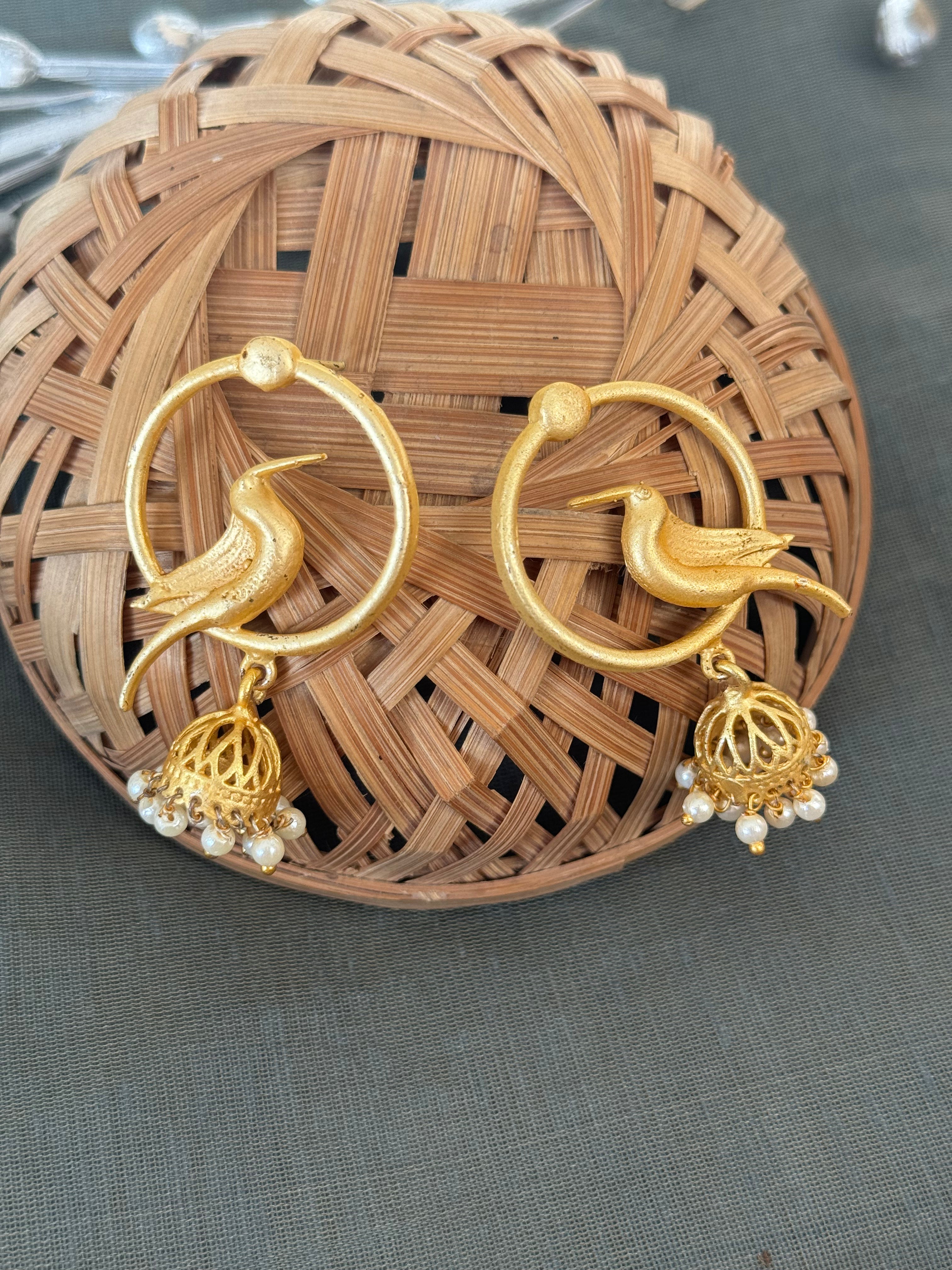 Bird Gold Matte Jhumki Earrings