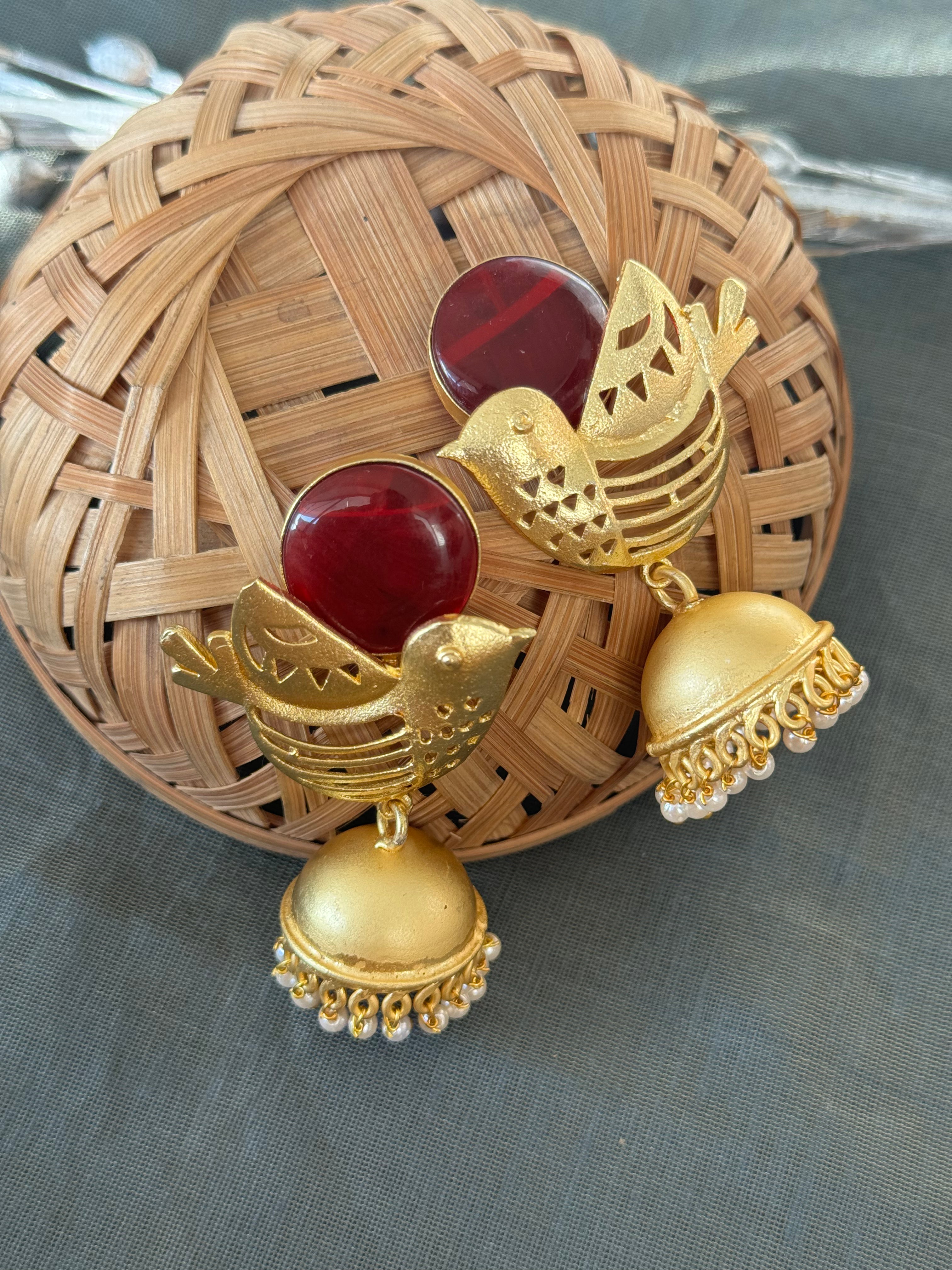 Red Stone Bird Gold Matte Jhumki Earrings