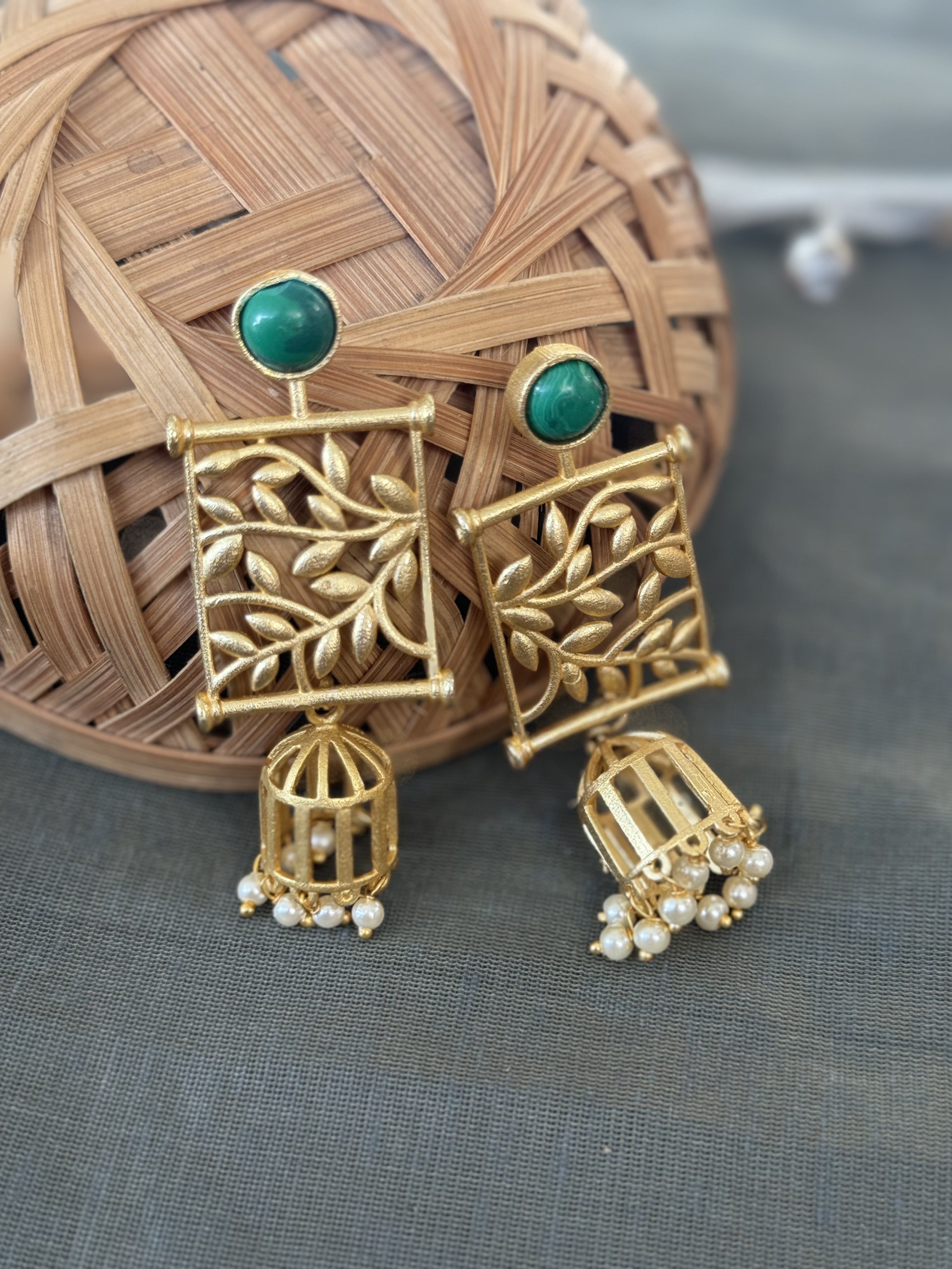 Teal Stone Gold Matte Jhumki Earrings