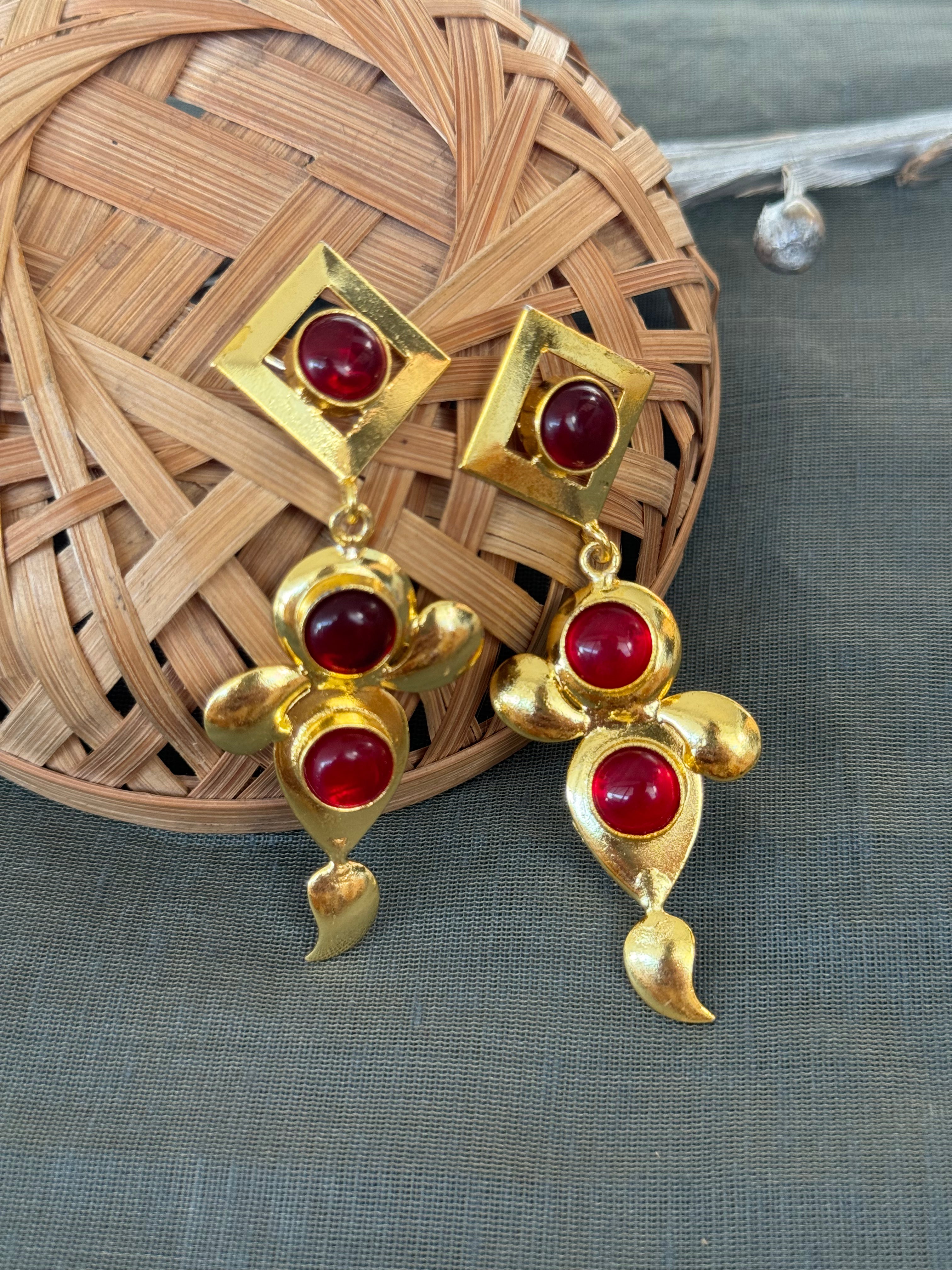 Red Stone Gold Matte Long Earrings