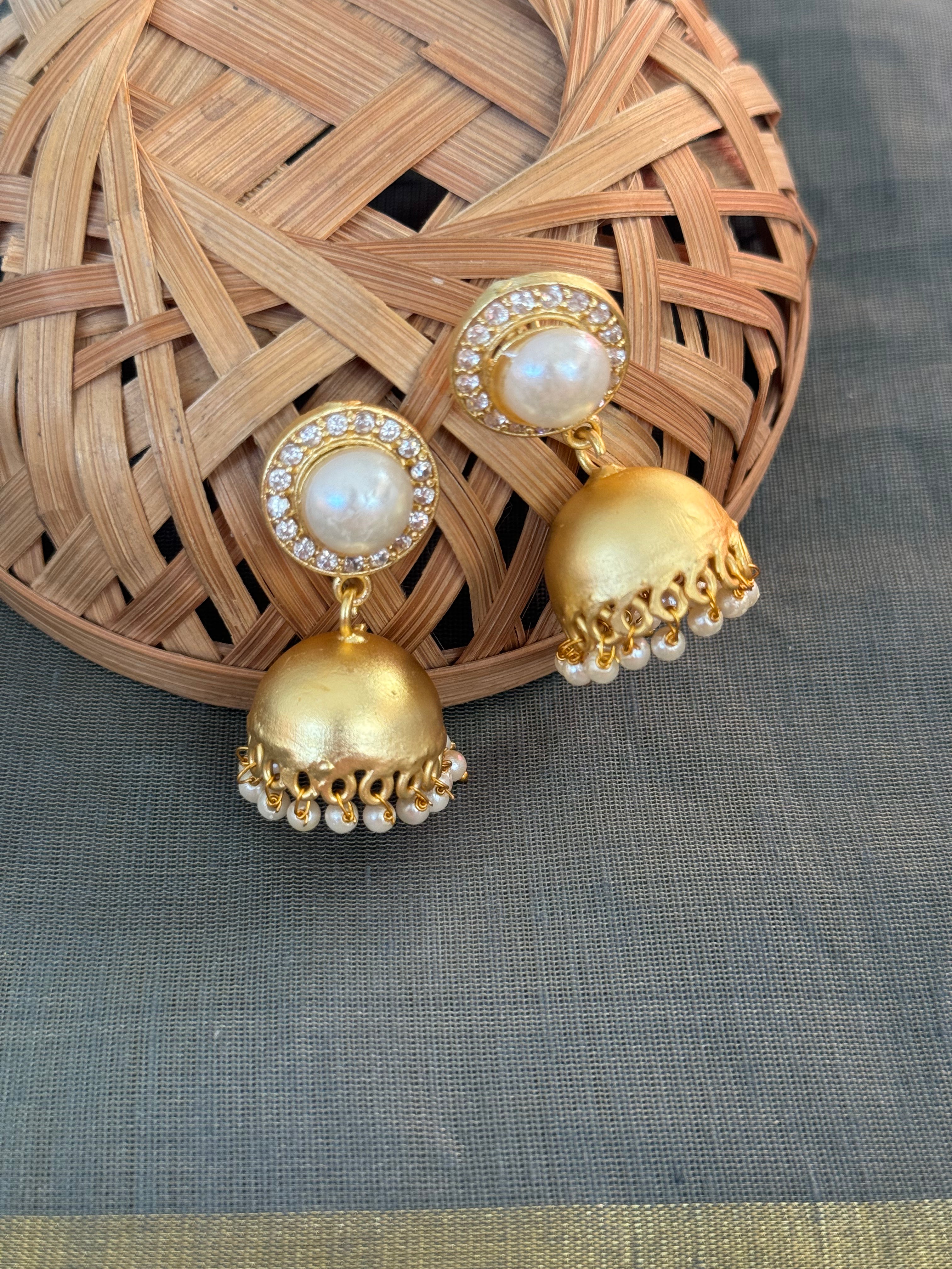 Pearl Matte Gold Jhumki Earrings