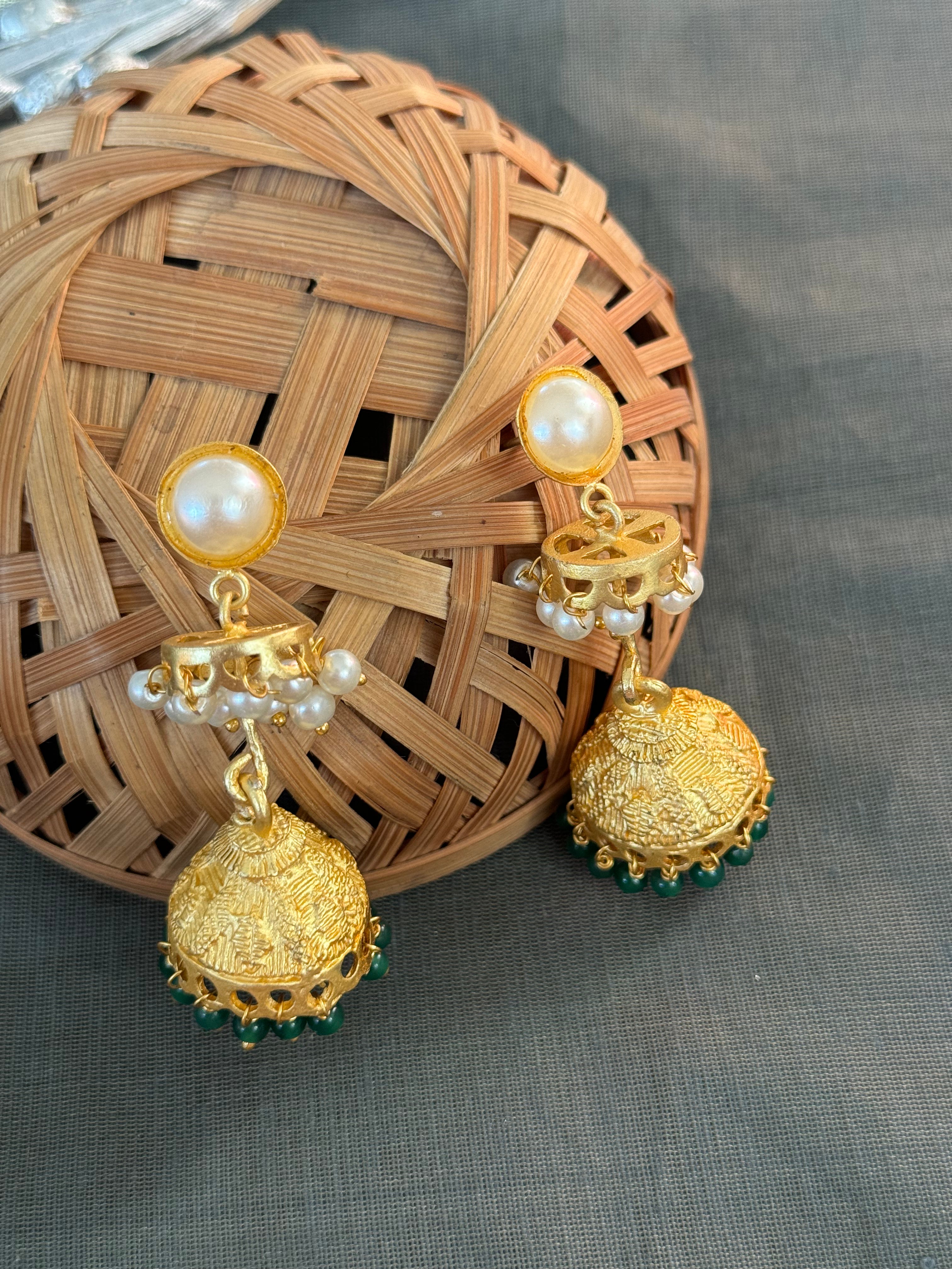 Pearl Long Jhumki Matte Gold Earrings