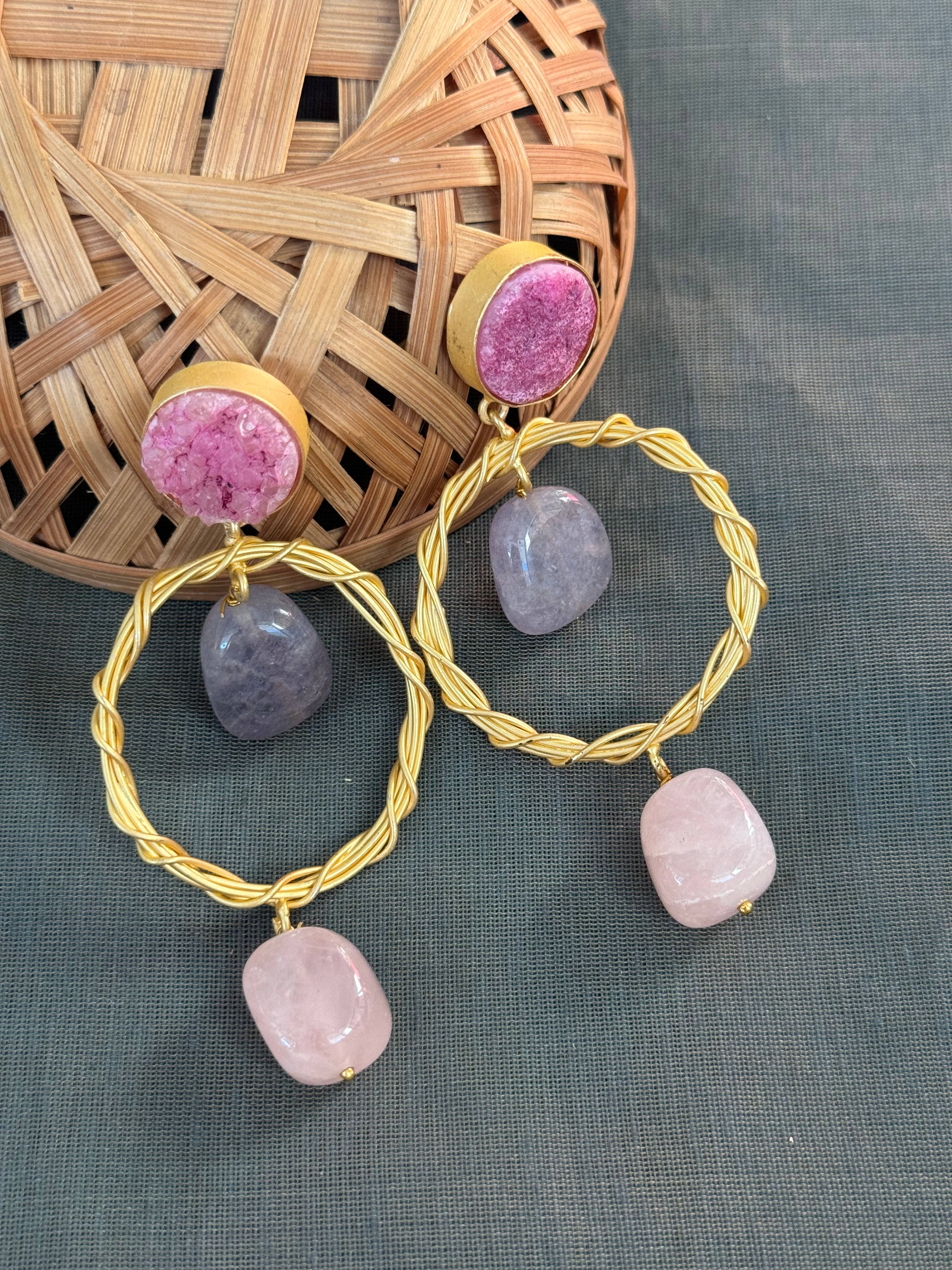 Pink Druzy Stone Gold Matte Earrings