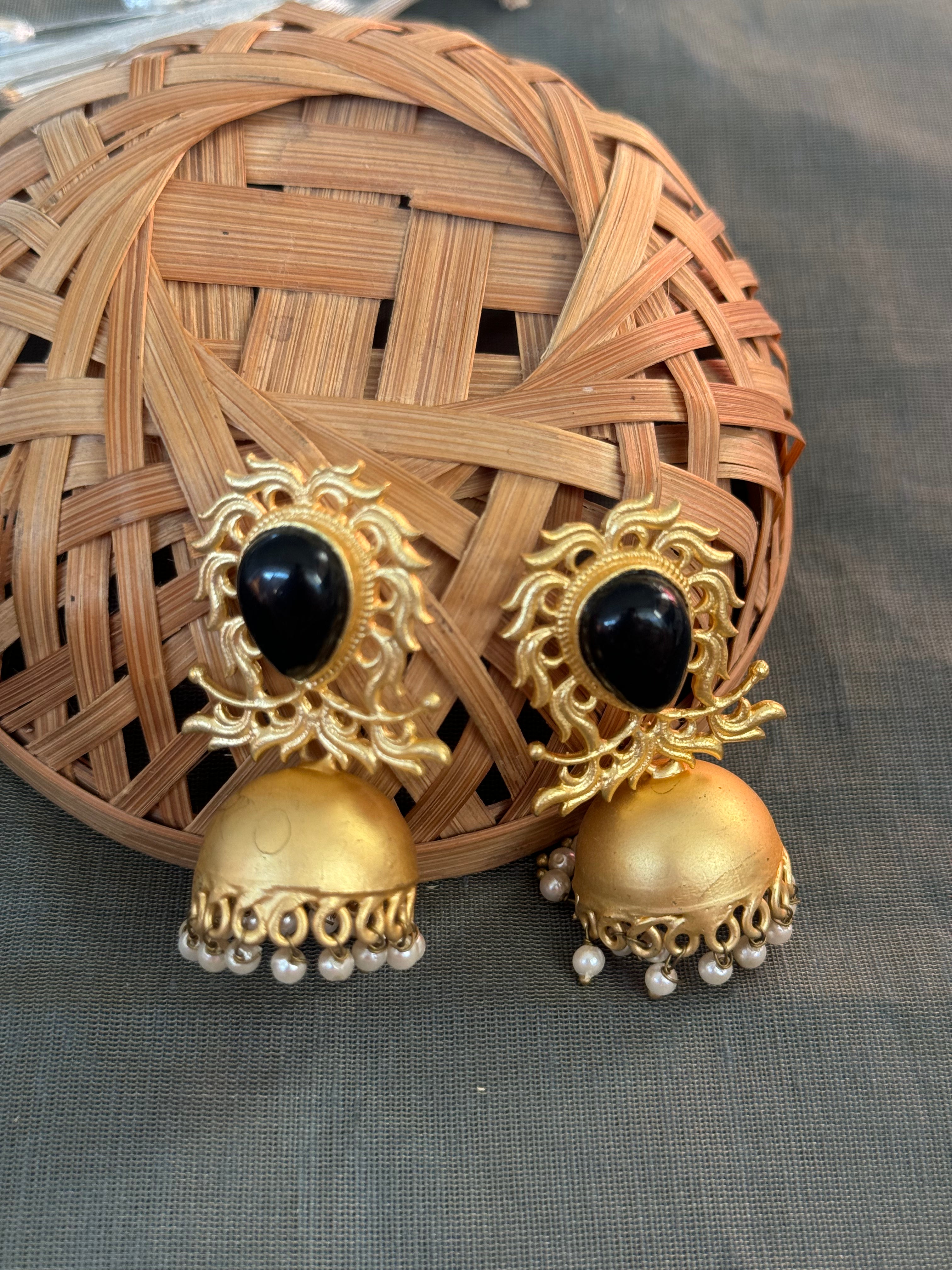 Black Stone Gold Matte Jhumki Designer Earrings